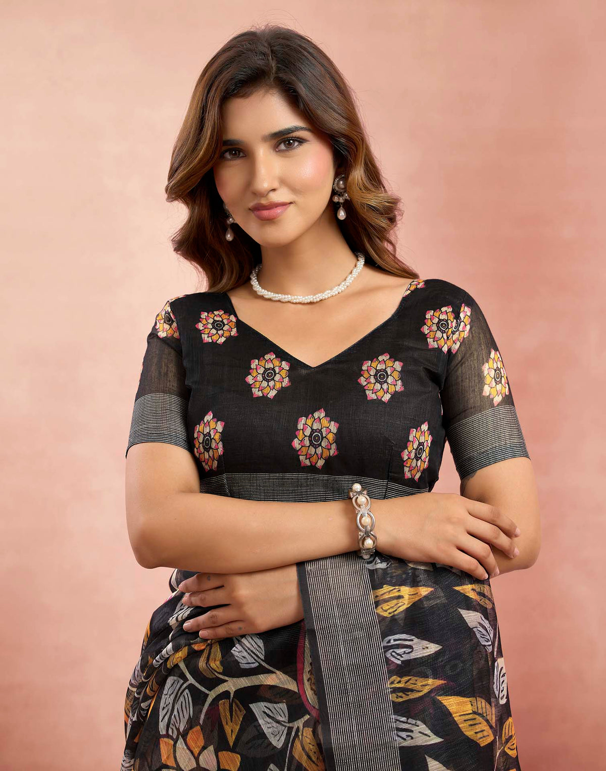 Ready To Wear Black Linen Kalamkari Printed Saree