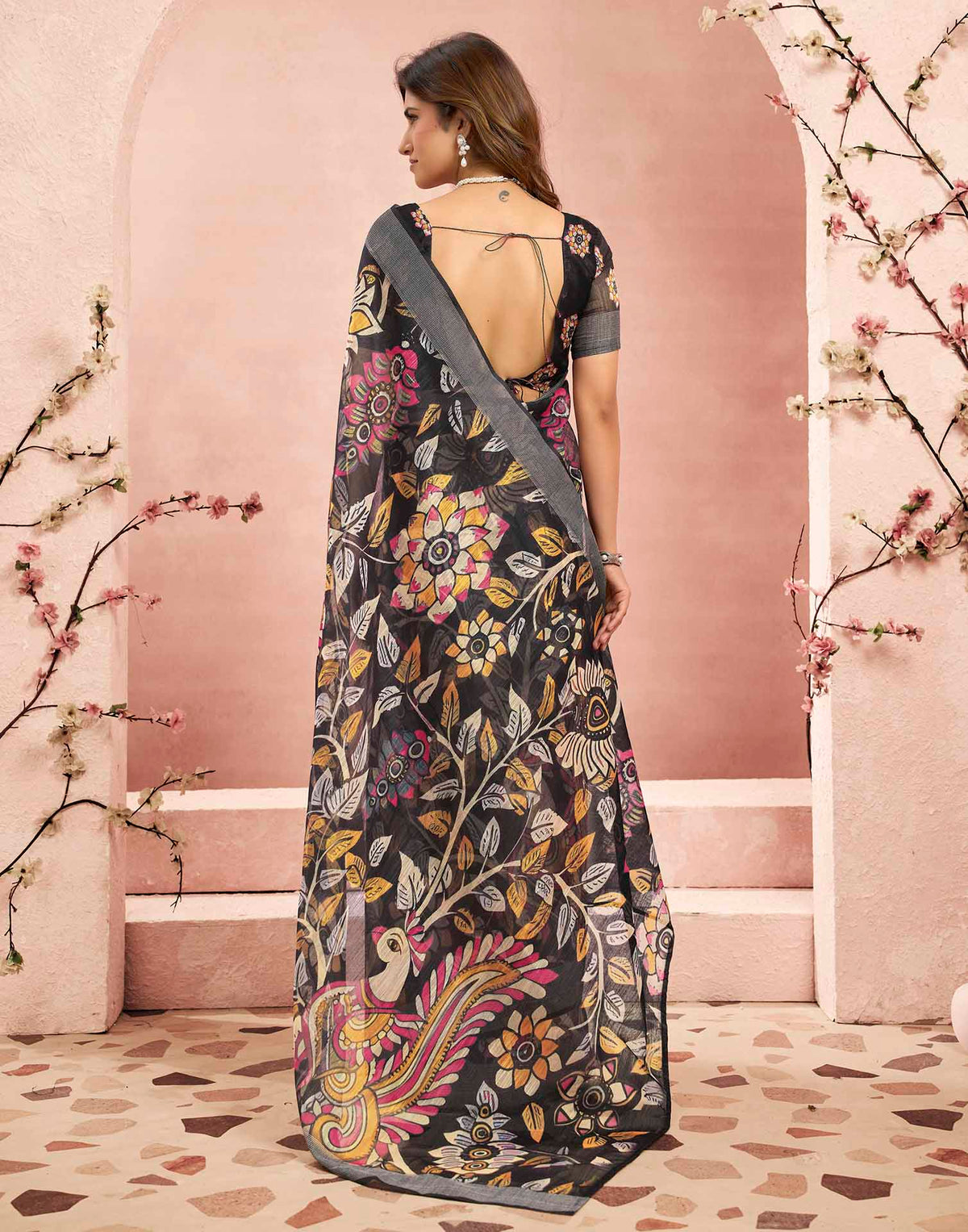 Ready To Wear Black Linen Kalamkari Printed Saree