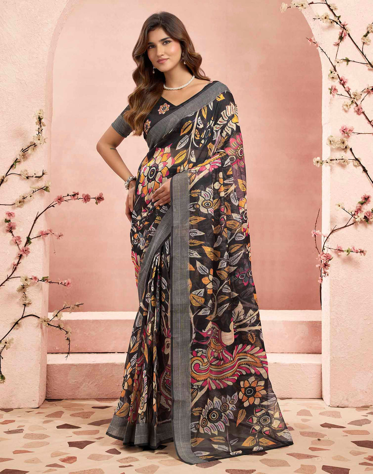 Ready To Wear Black Linen Kalamkari Printed Saree