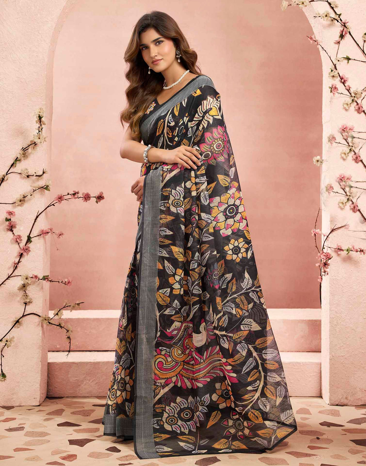 Ready To Wear Black Linen Kalamkari Printed Saree