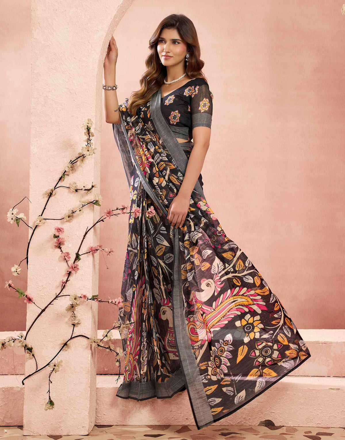Ready To Wear Black Linen Kalamkari Printed Saree