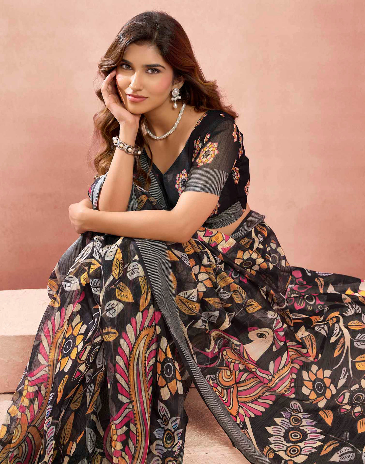 Ready To Wear Black Linen Kalamkari Printed Saree