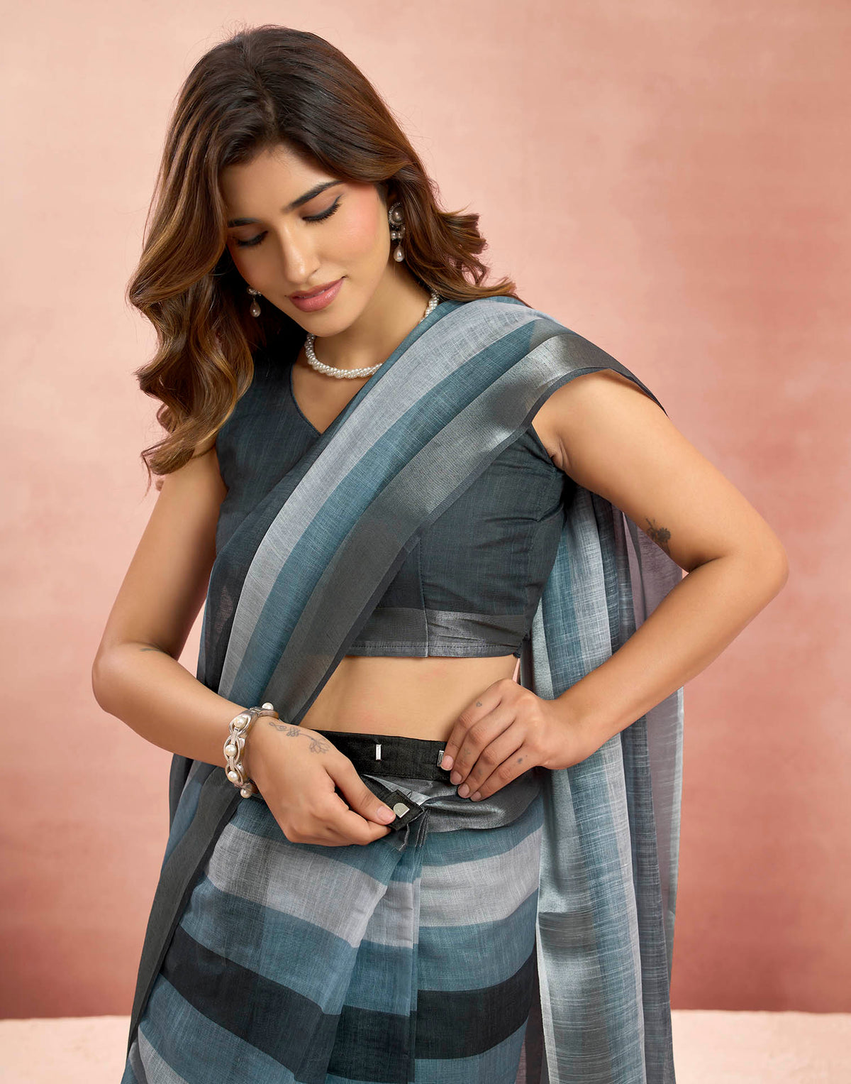 Ready To Wear Grey Linen Printed Saree