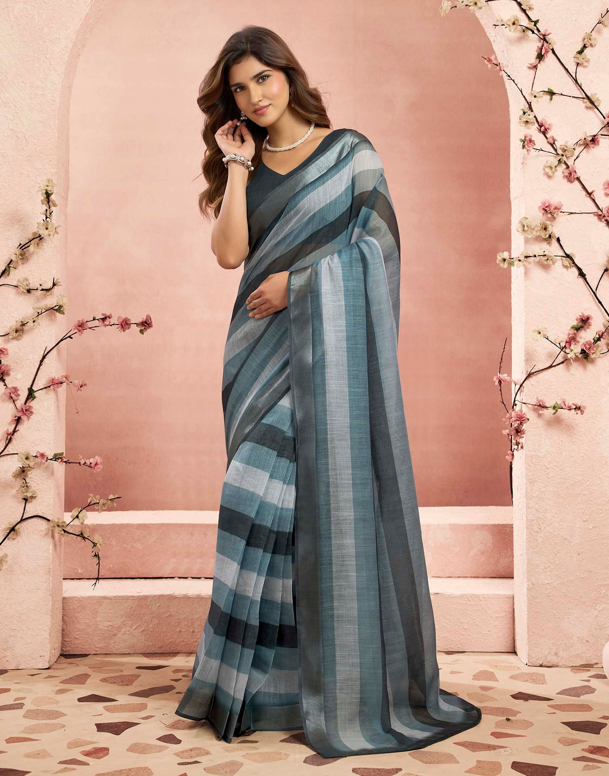 Ready To Wear Grey Linen Printed Saree