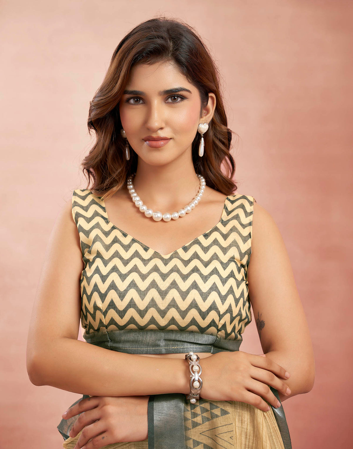 Ready To Wear Beige Linen Printed Saree