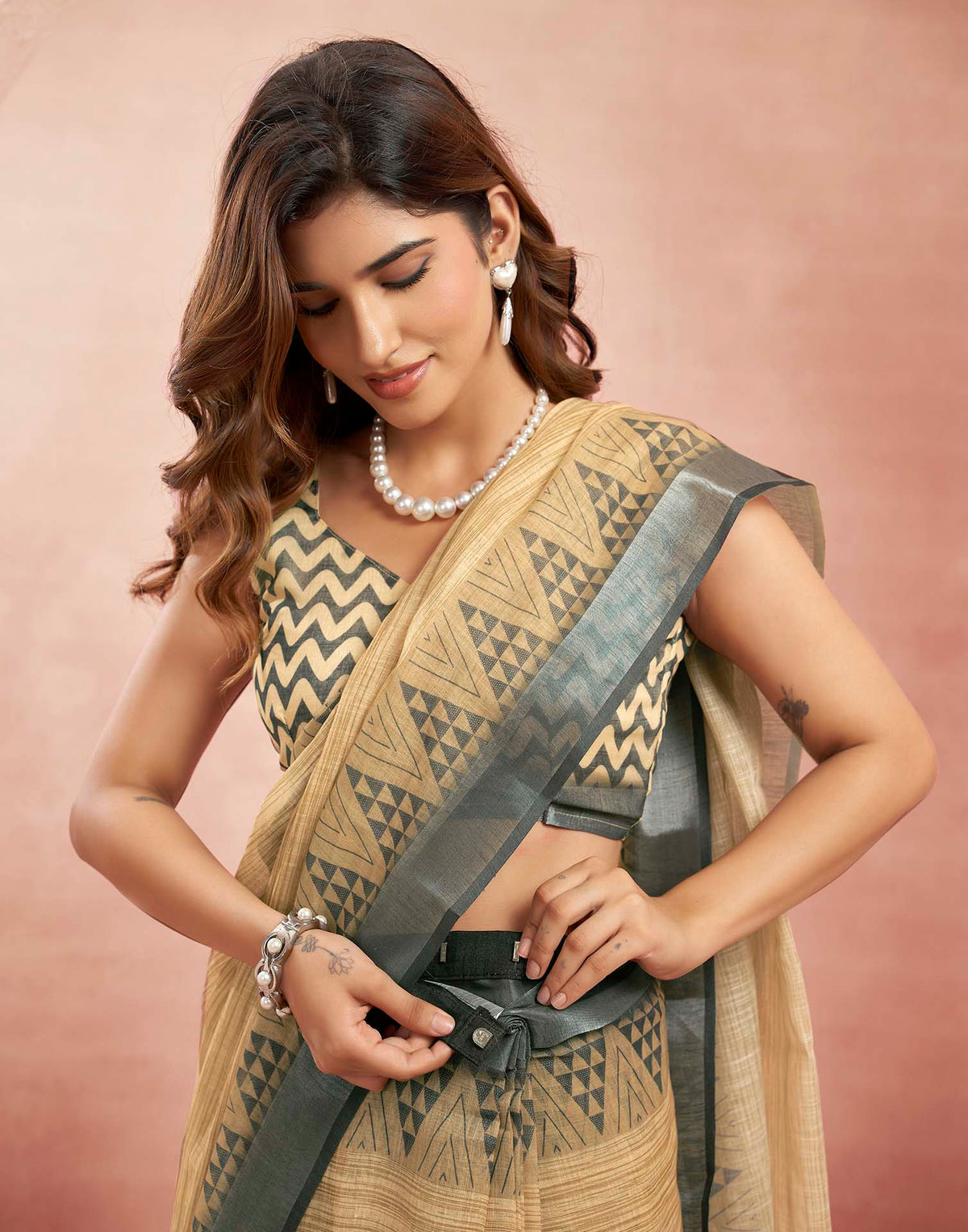Ready To Wear Beige Linen Printed Saree