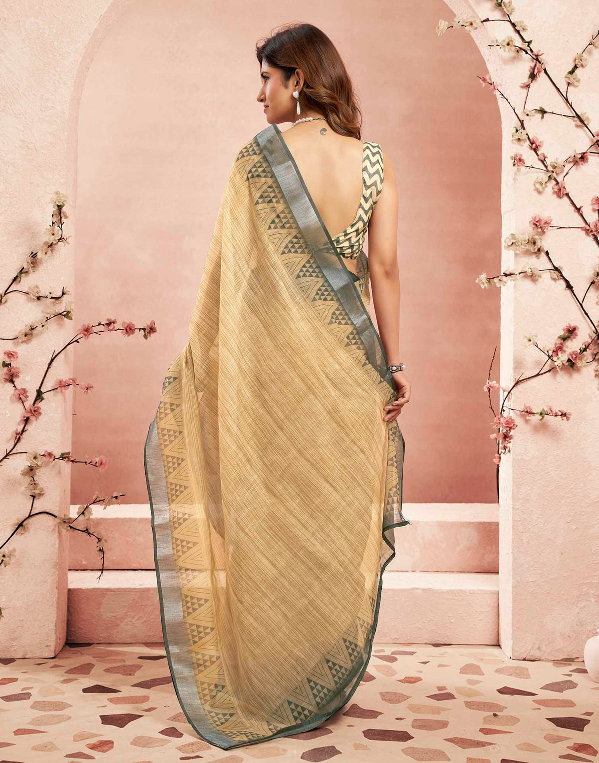 Ready To Wear Beige Linen Printed Saree