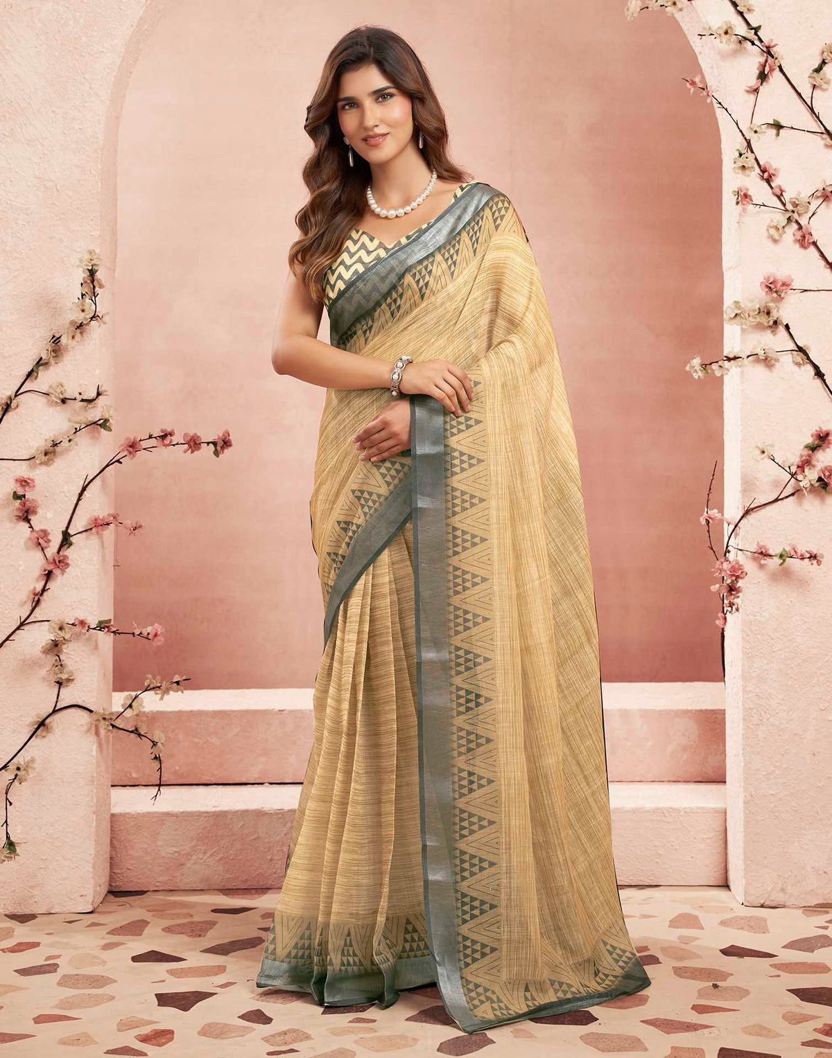 Ready To Wear Beige Linen Printed Saree