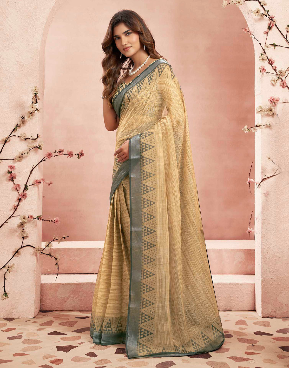 Ready To Wear Beige Linen Printed Saree