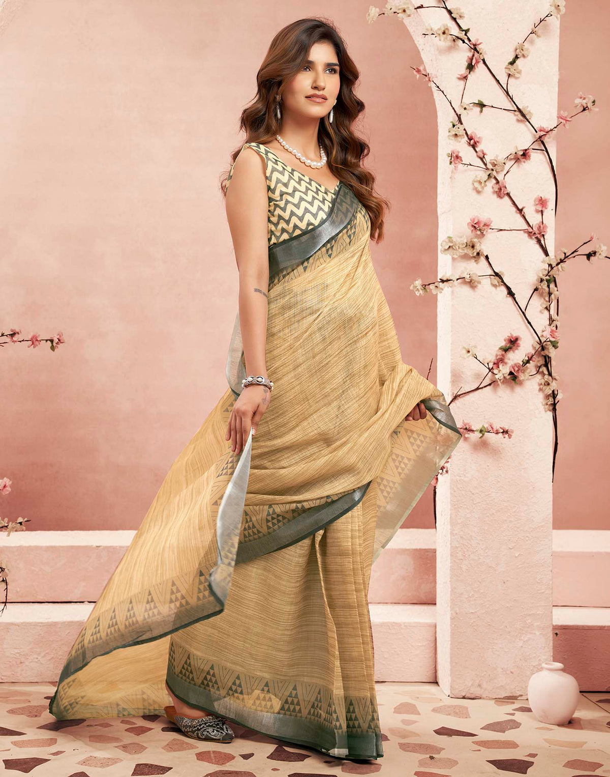 Ready To Wear Beige Linen Printed Saree