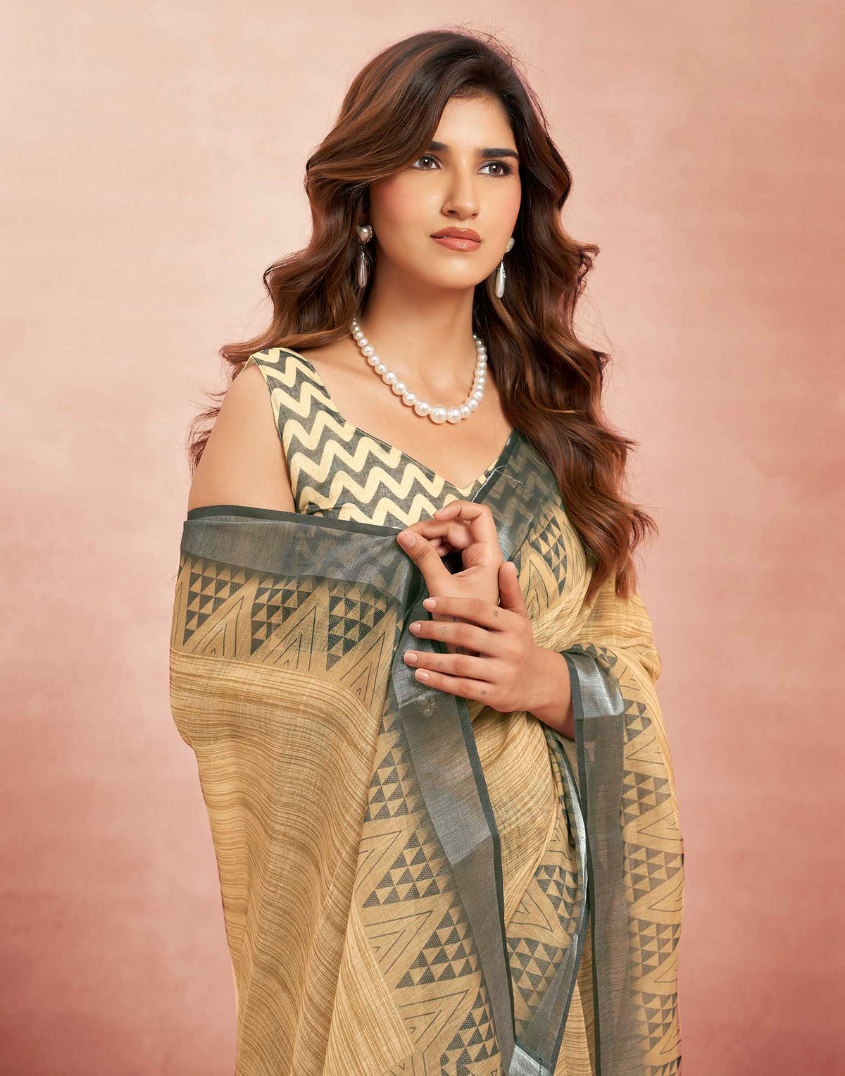 Ready To Wear Beige Linen Printed Saree