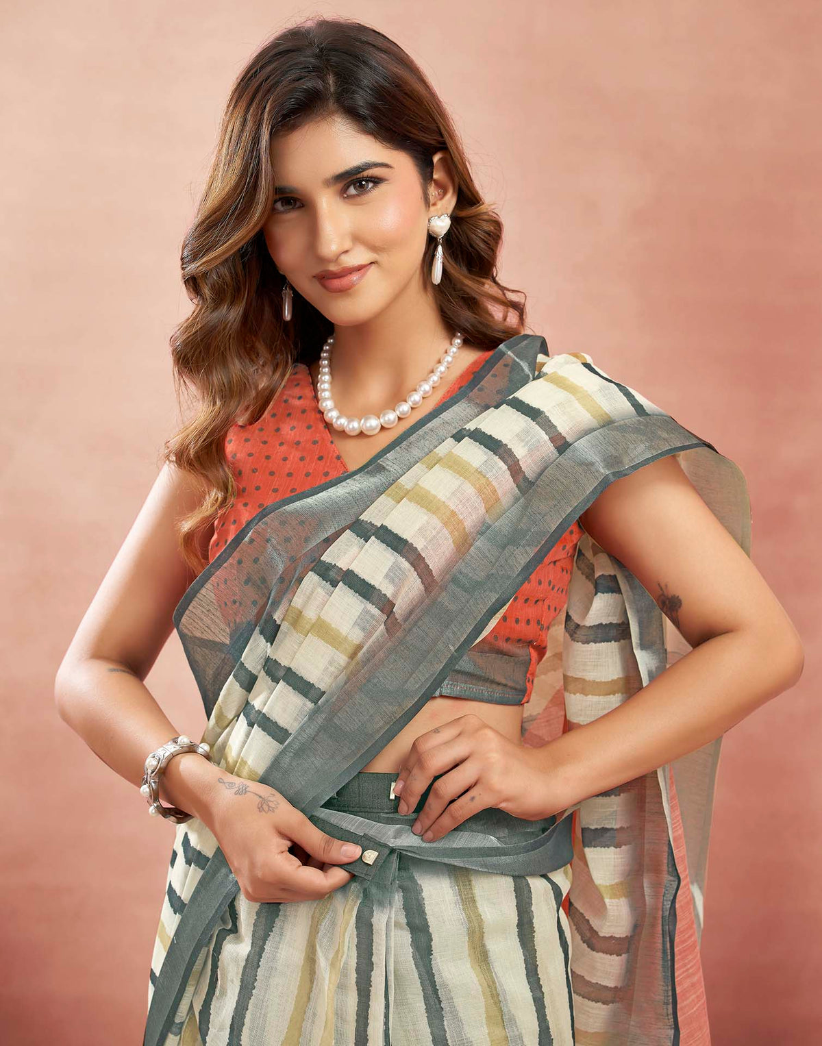 Ready To Wear Beige Linen Printed Saree