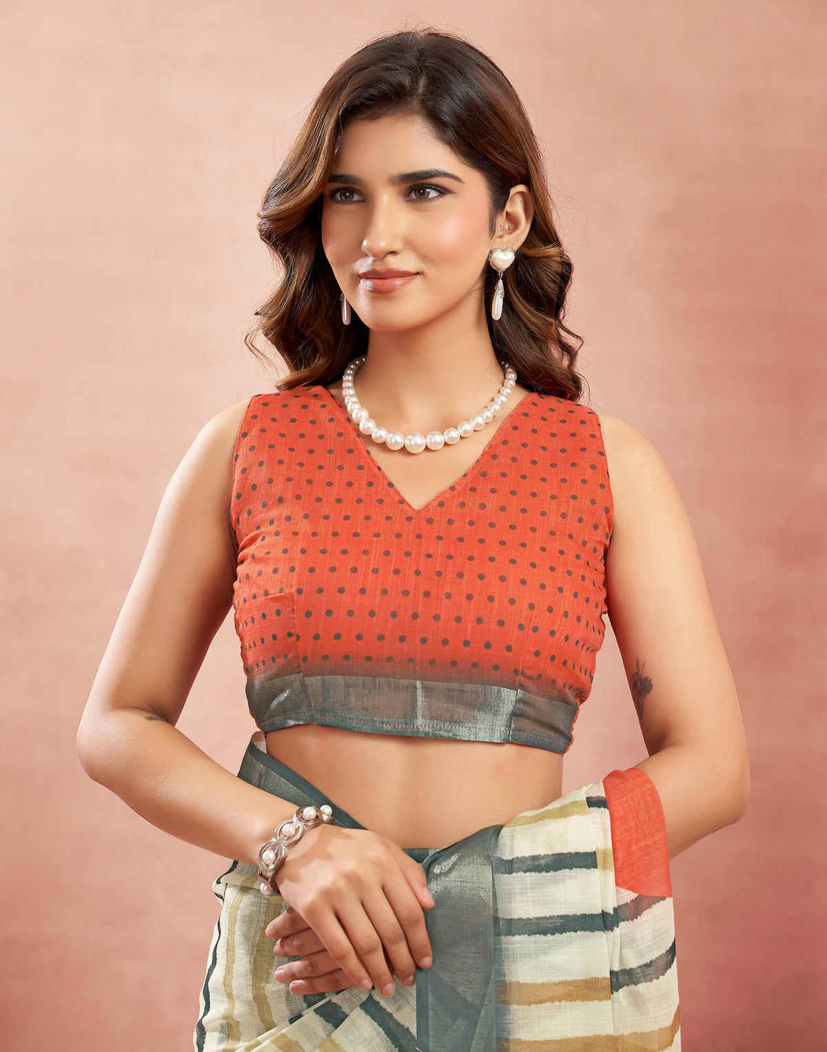 Ready To Wear Beige Linen Printed Saree
