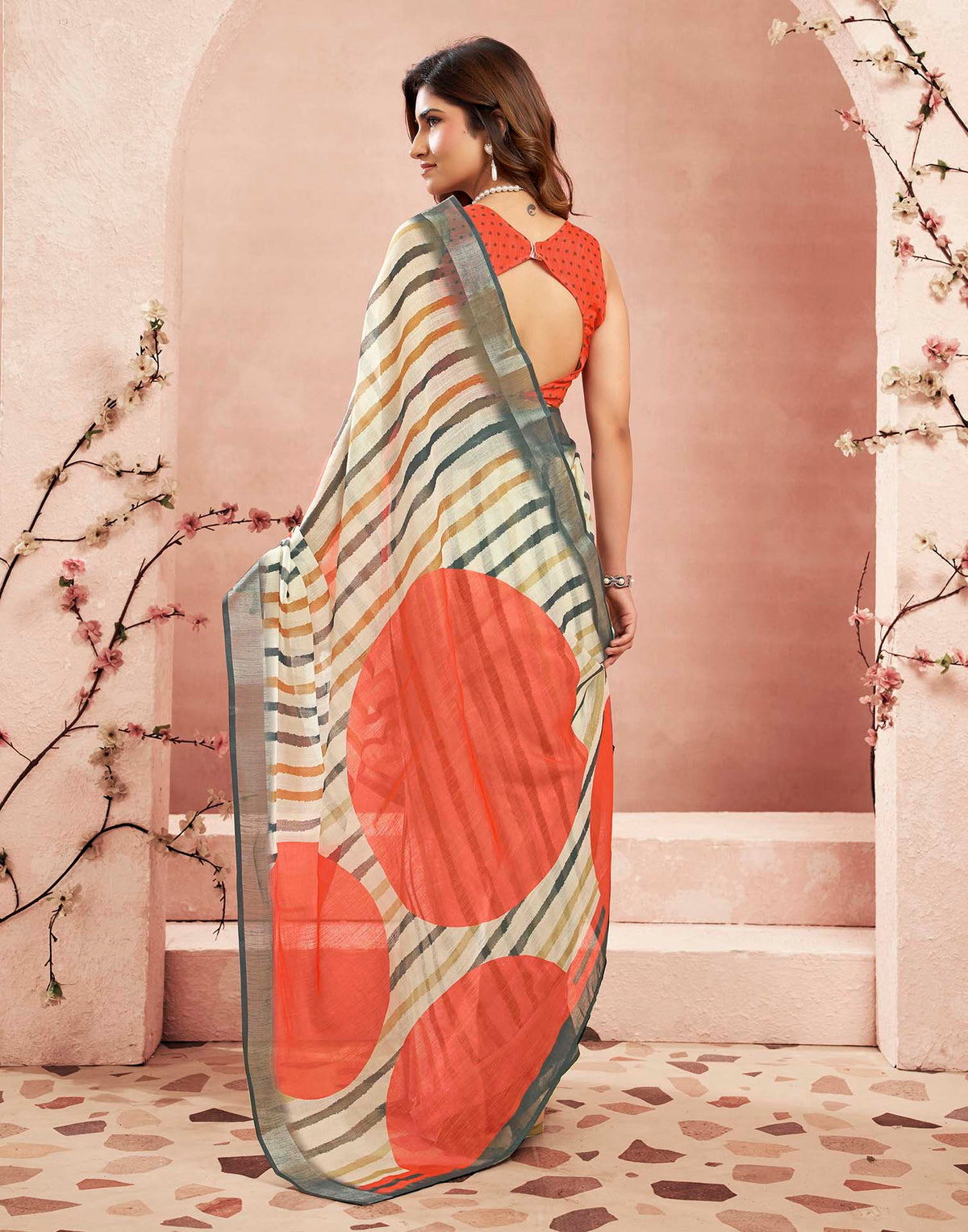 Ready To Wear Beige Linen Printed Saree