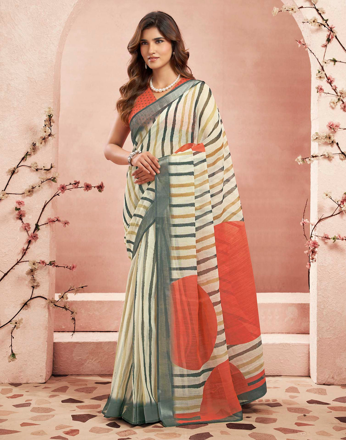 Ready To Wear Beige Linen Printed Saree