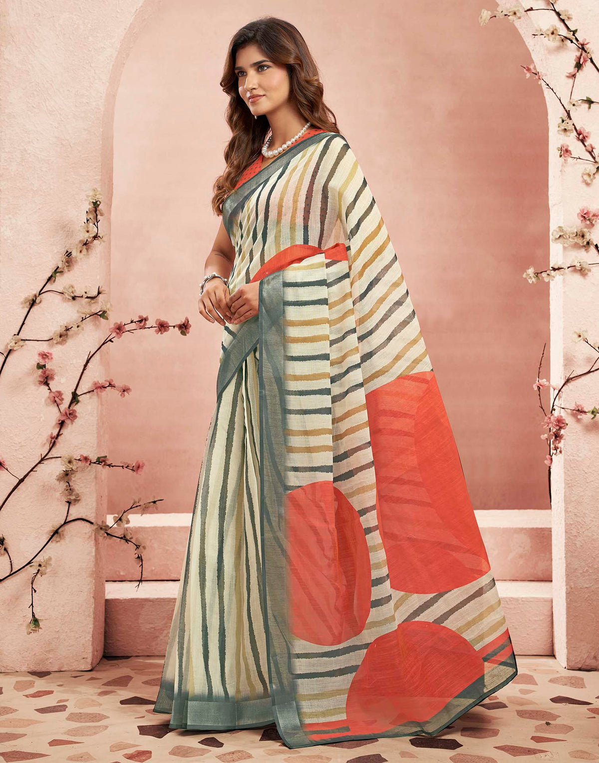 Ready To Wear Beige Linen Printed Saree