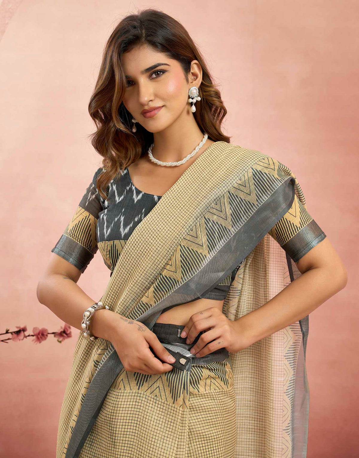 Ready To Wear Beige Linen Printed Saree