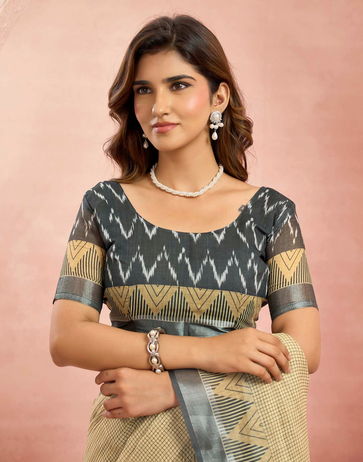 Ready To Wear Beige Linen Printed Saree