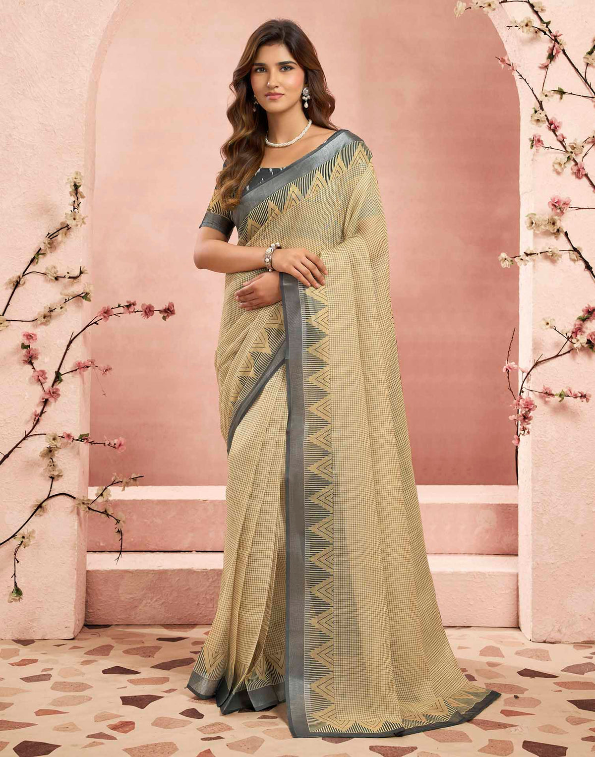 Ready To Wear Beige Linen Printed Saree