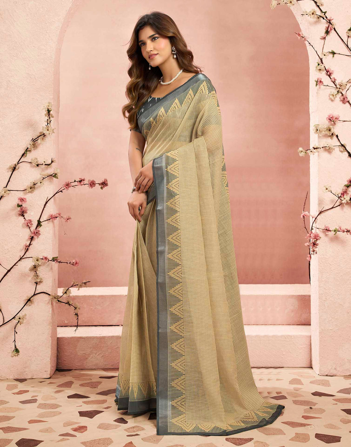 Ready To Wear Beige Linen Printed Saree