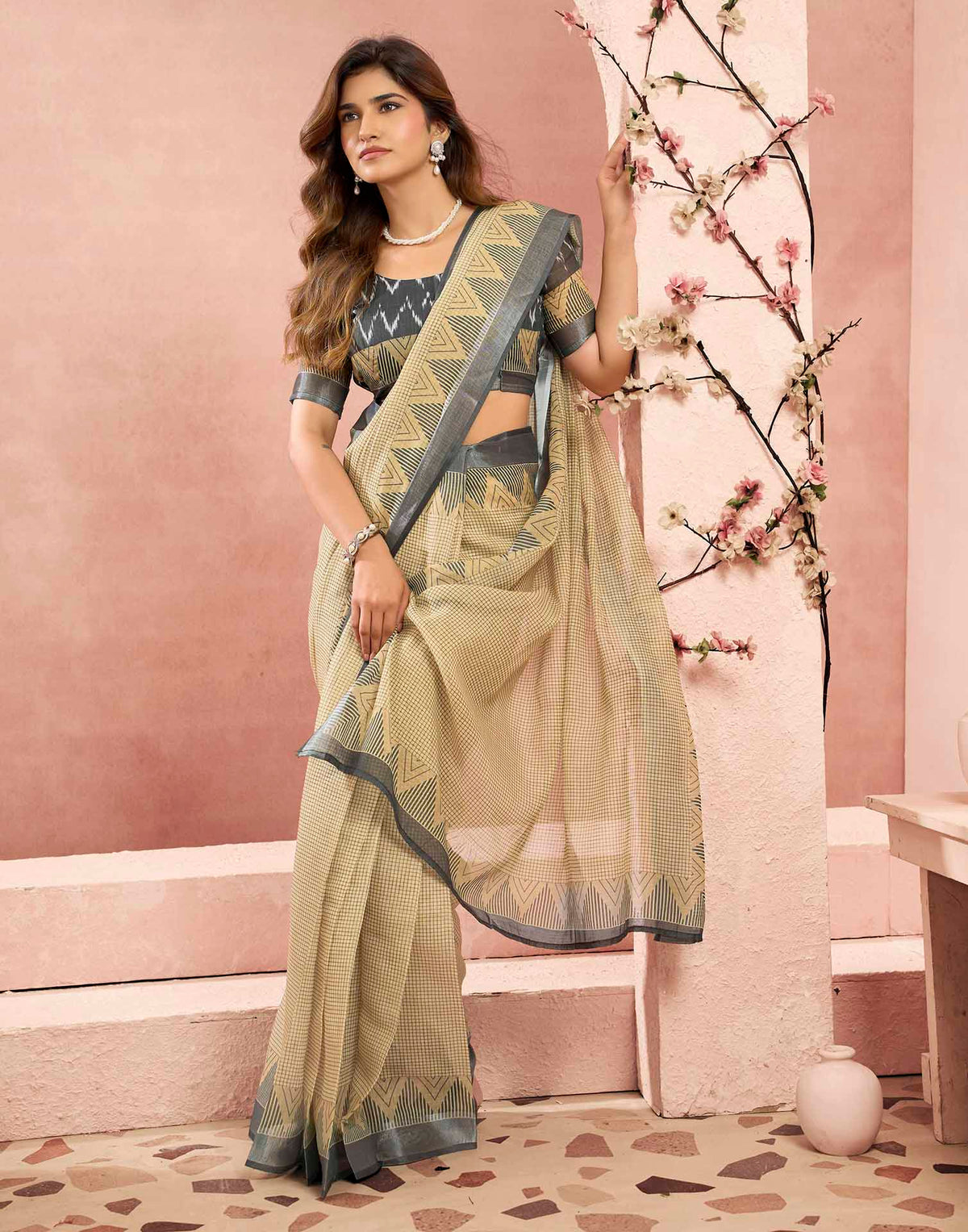 Ready To Wear Beige Linen Printed Saree