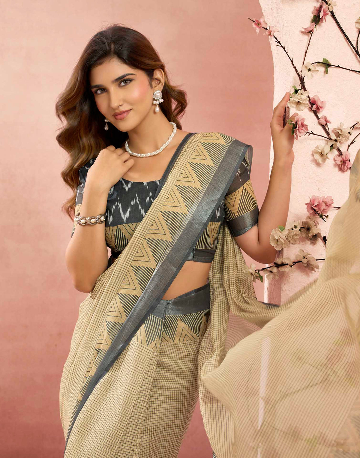 Ready To Wear Beige Linen Printed Saree
