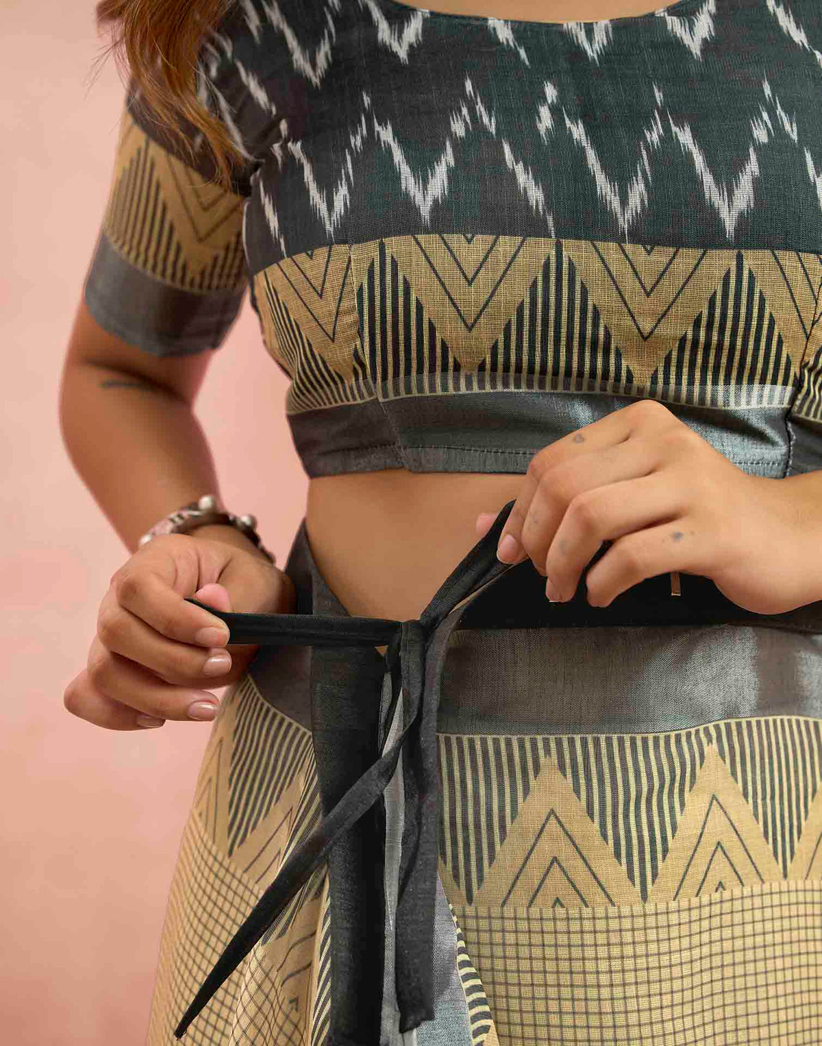 Ready To Wear Beige Linen Printed Saree
