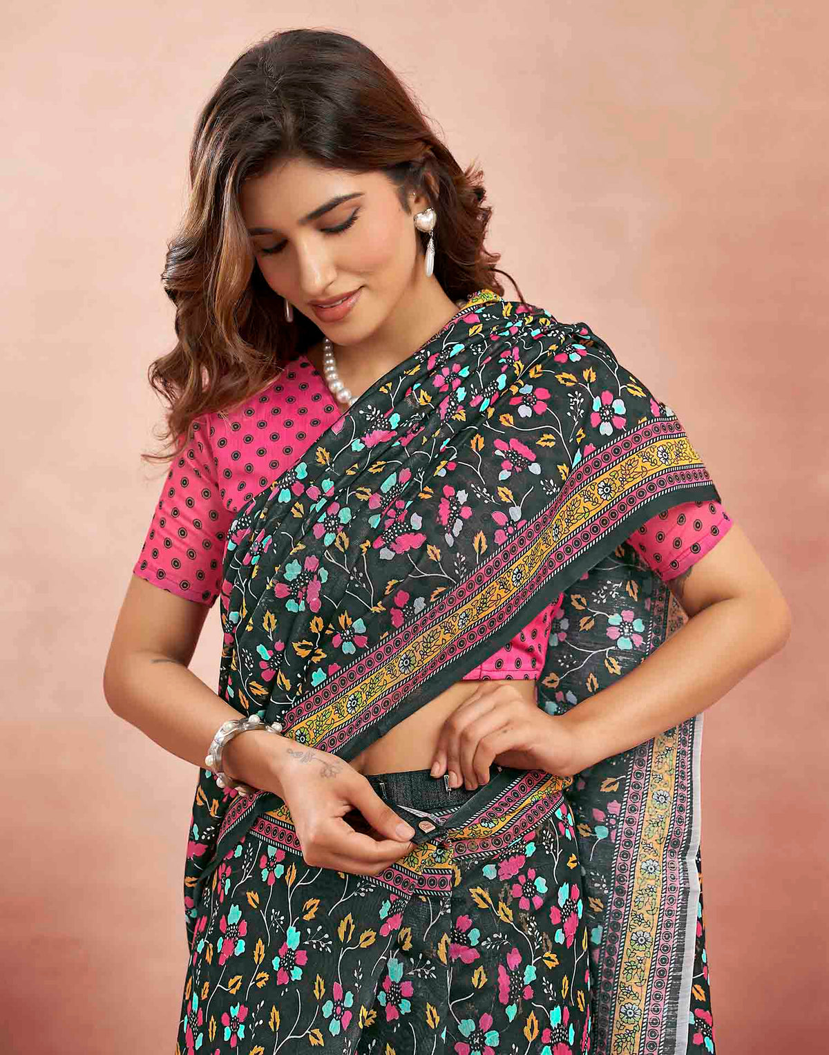 Ready To Wear Black Linen Printed Saree
