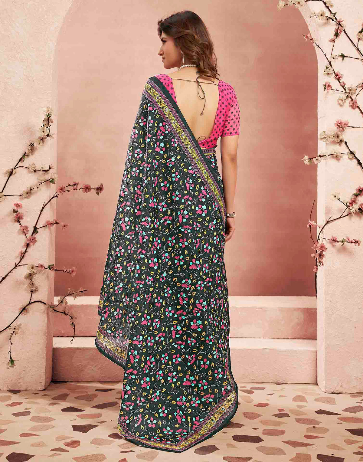 Ready To Wear Black Linen Printed Saree