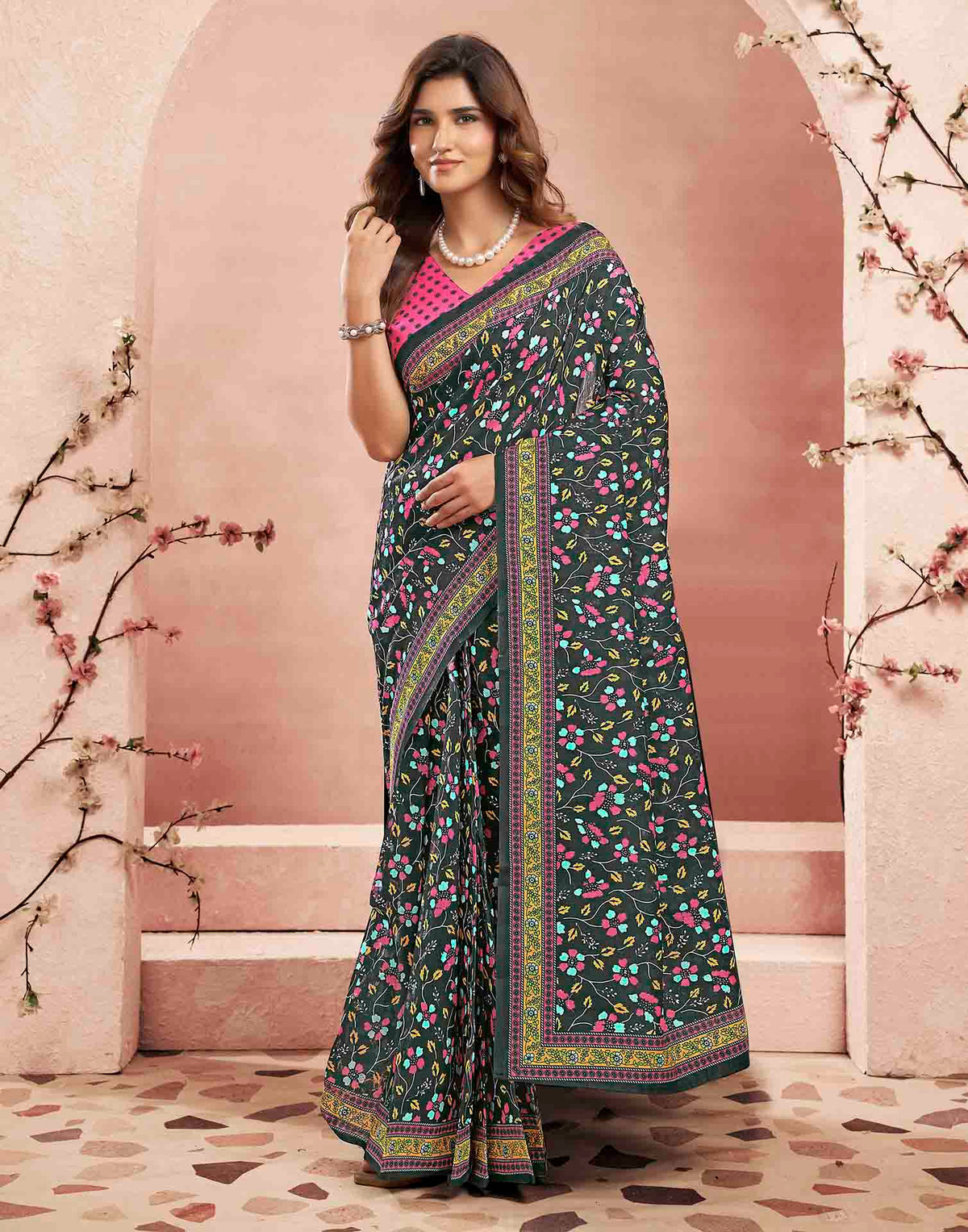 Ready To Wear Black Linen Printed Saree
