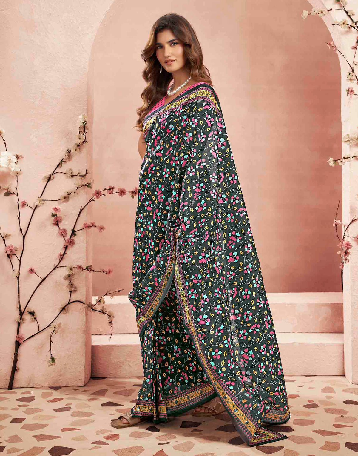 Ready To Wear Black Linen Printed Saree