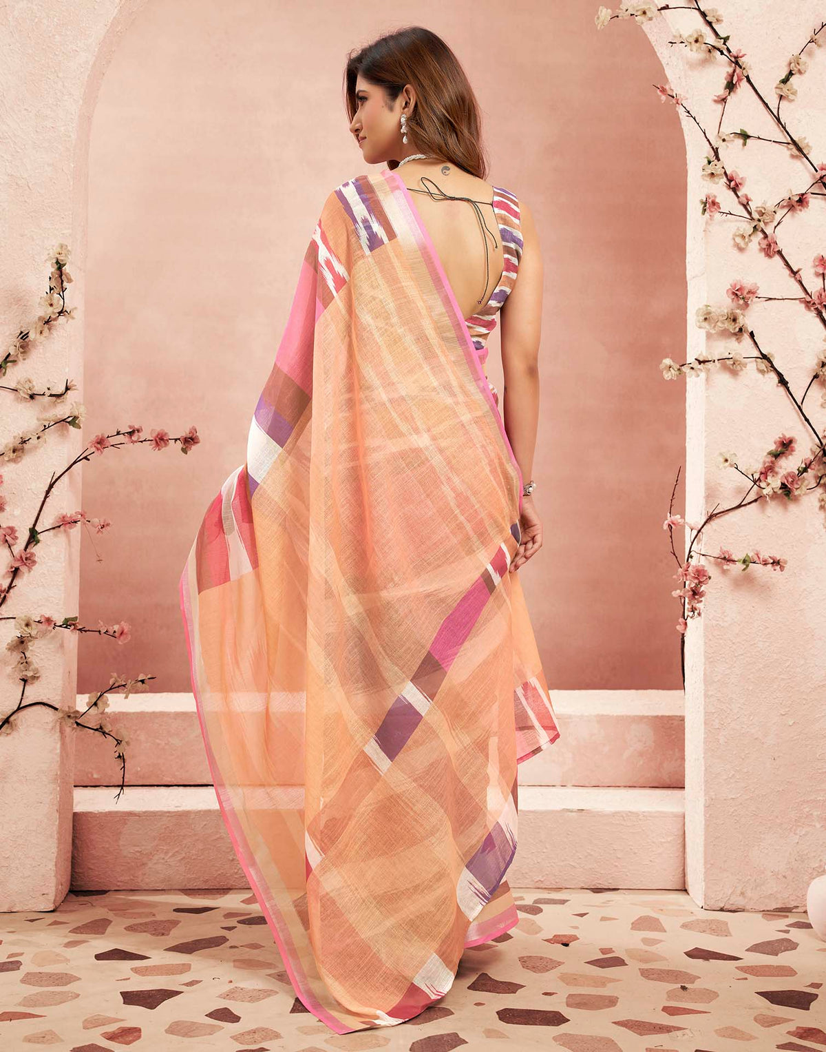 Ready To Wear Peach Linen Printed Saree