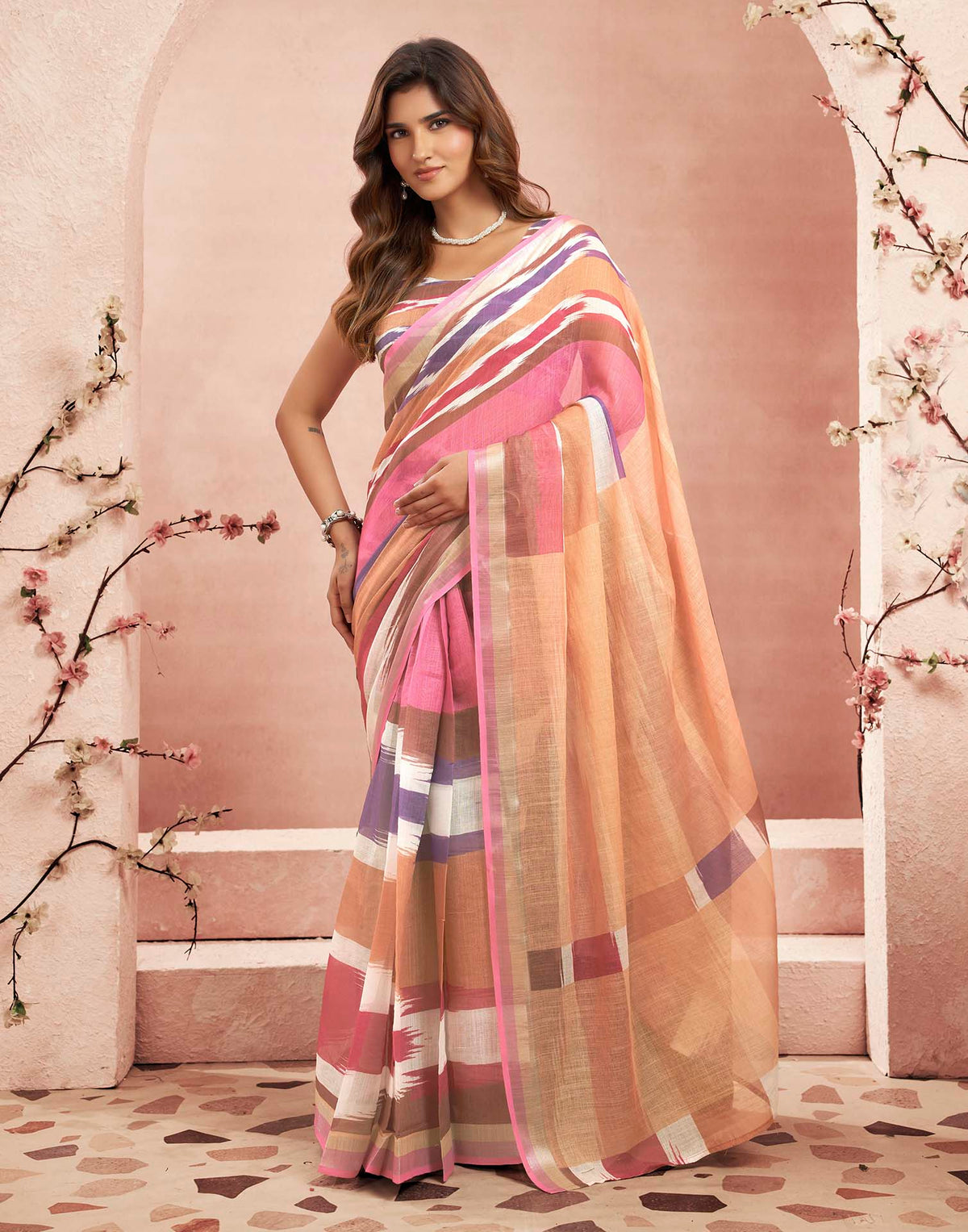 Ready To Wear Peach Linen Printed Saree