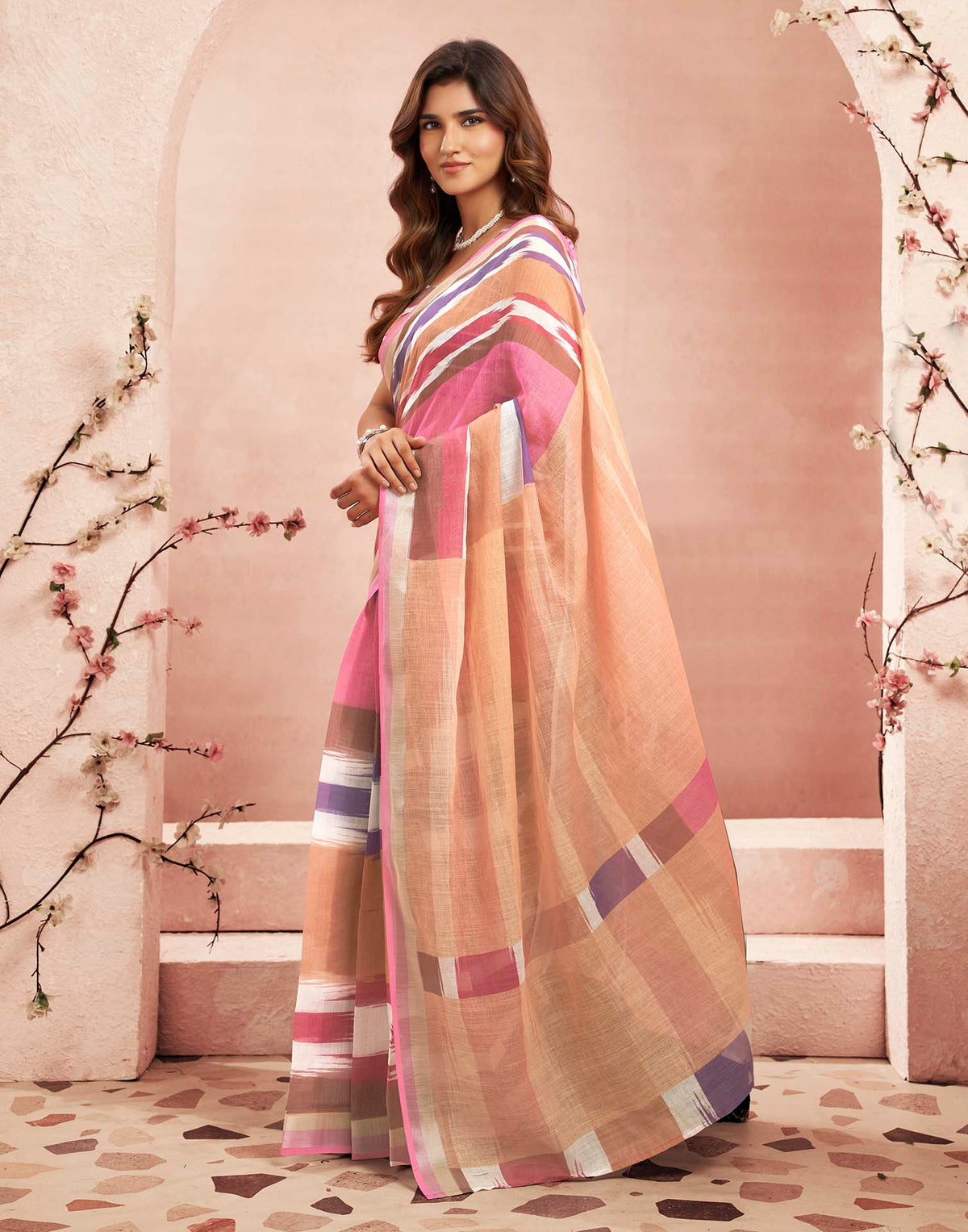 Ready To Wear Peach Linen Printed Saree