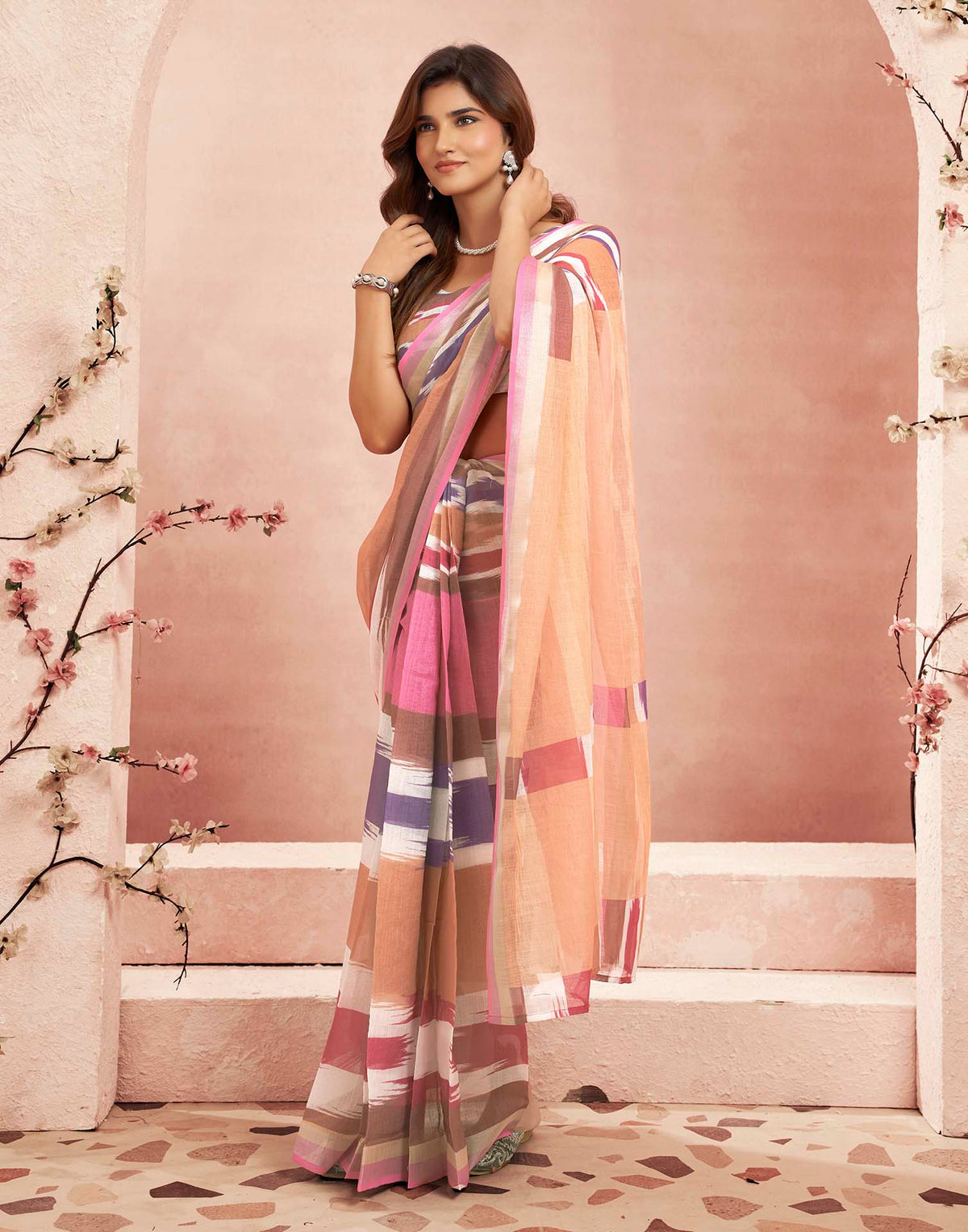 Ready To Wear Peach Linen Printed Saree