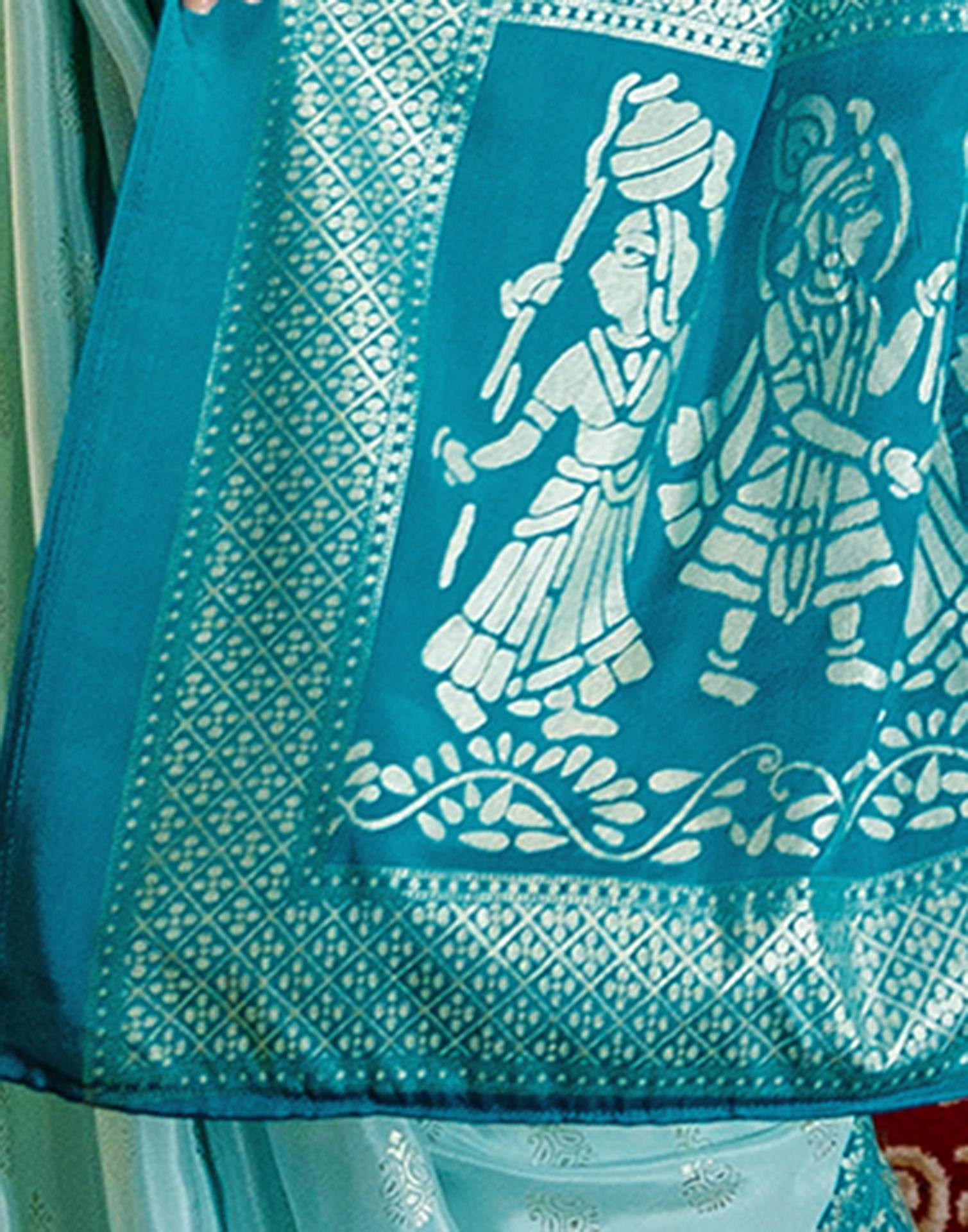 Light Mint Blue Crepe Silk Foil Printed Saree