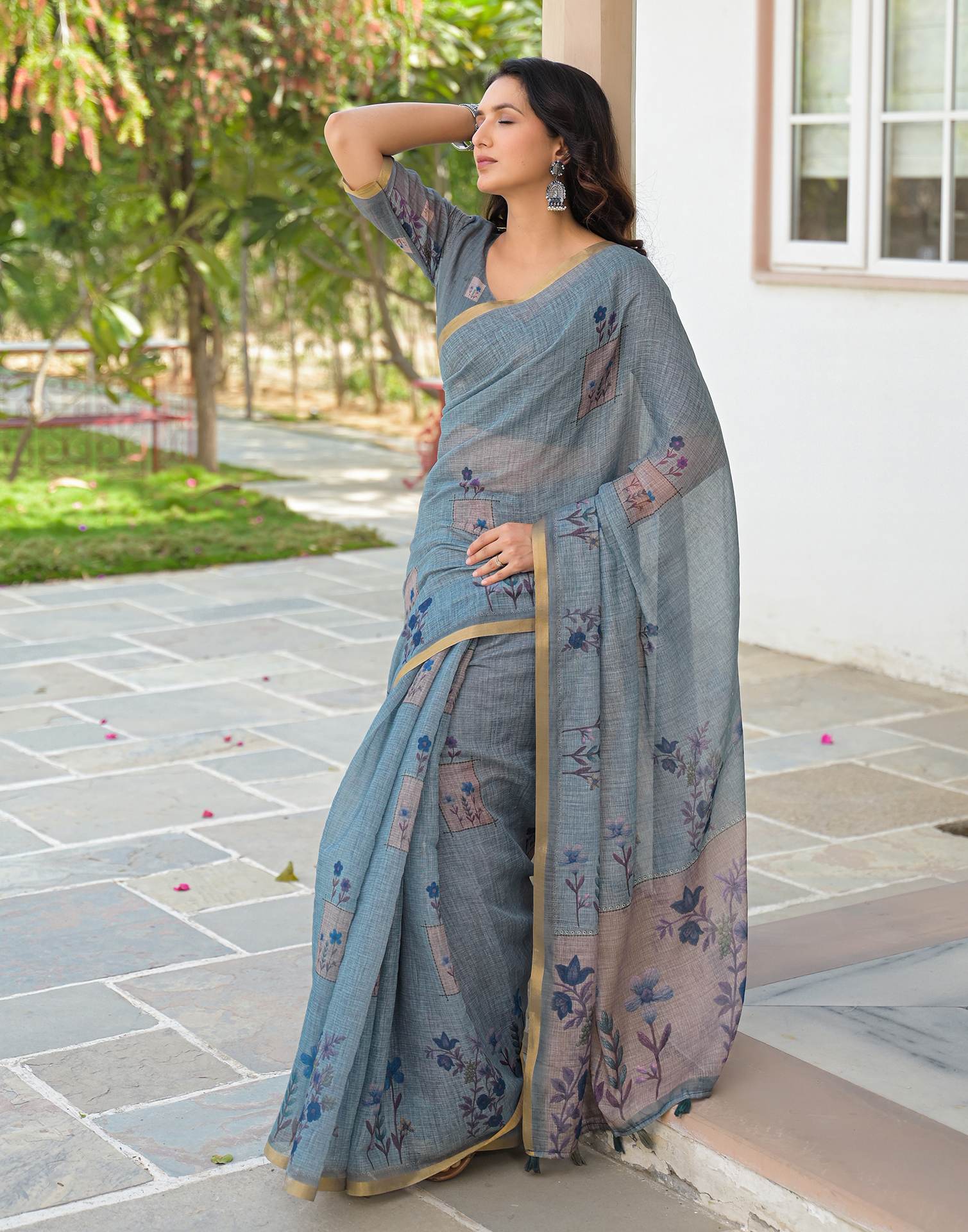 Dusty Blue Linen Floral Printed Saree
