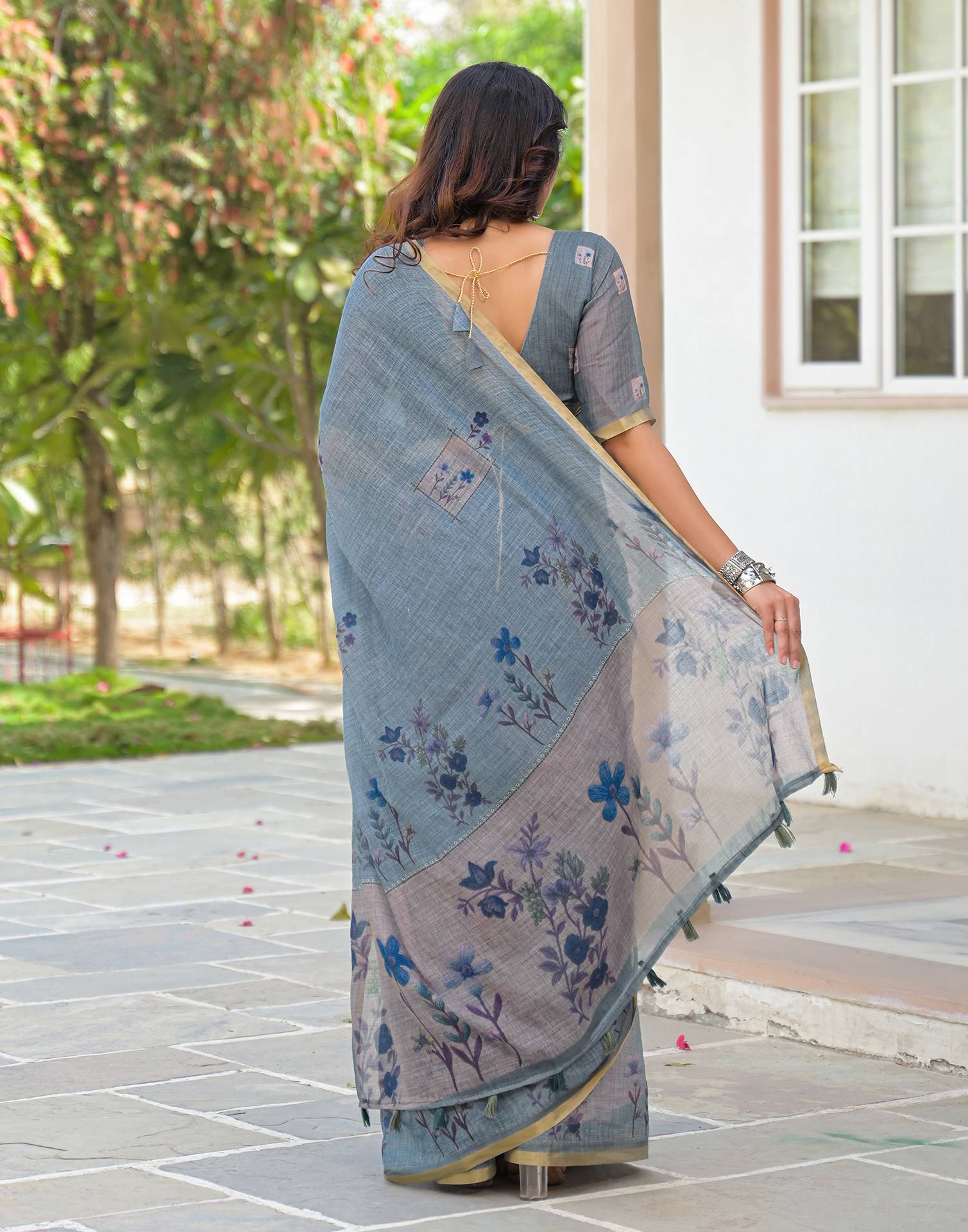 Dusty Blue Linen Floral Printed Saree