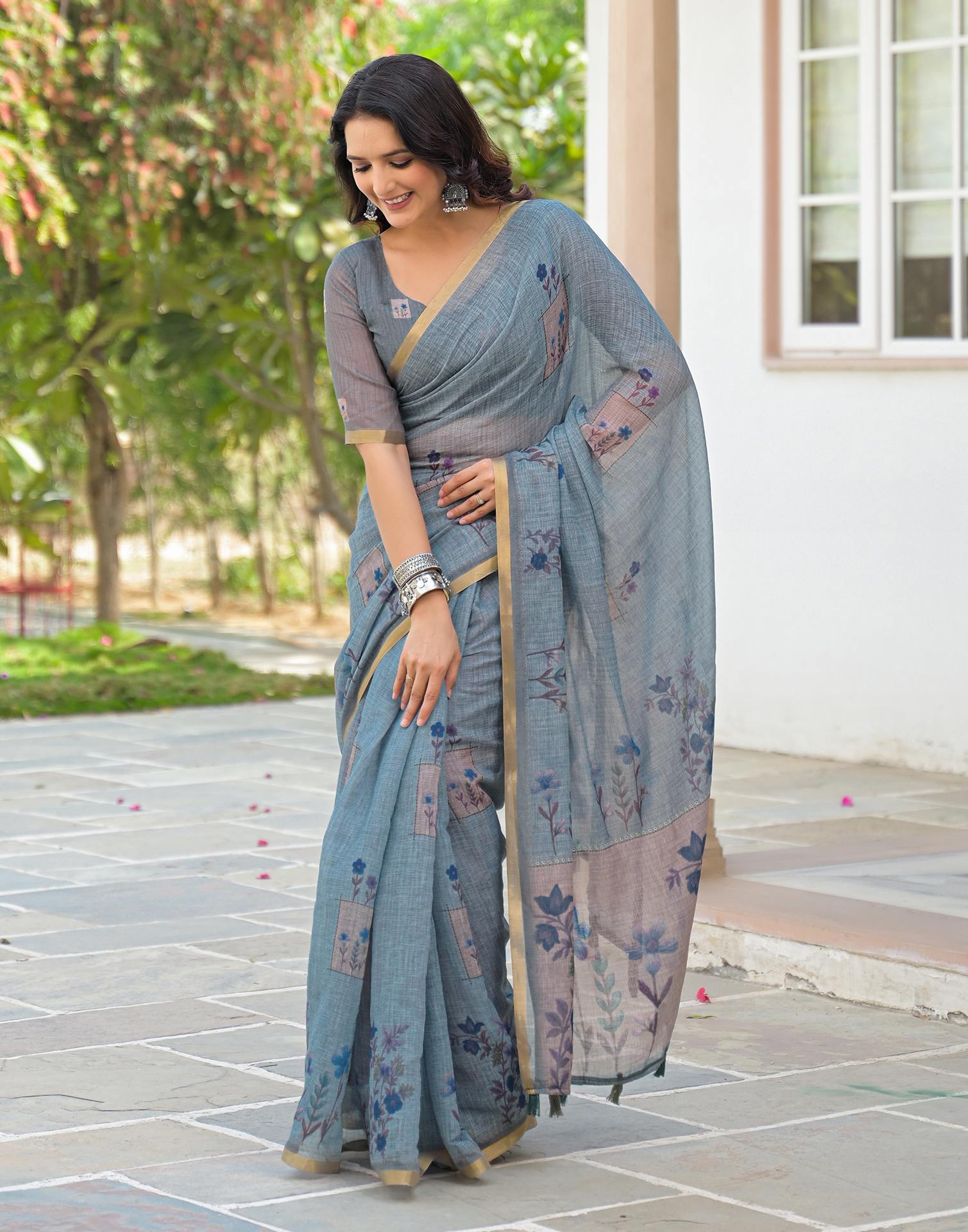 Dusty Blue Linen Floral Printed Saree