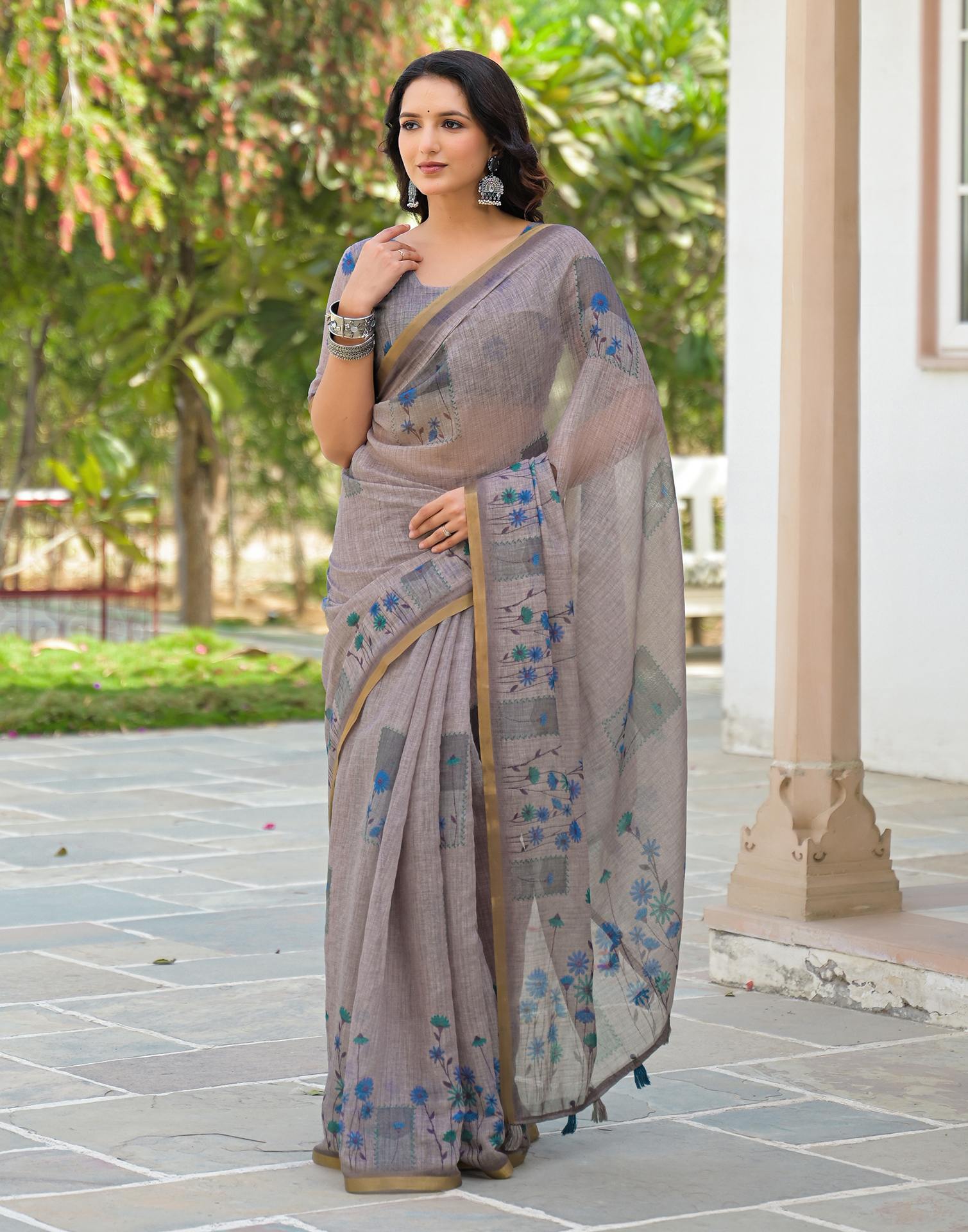 Grey Linen Floral Printed Saree