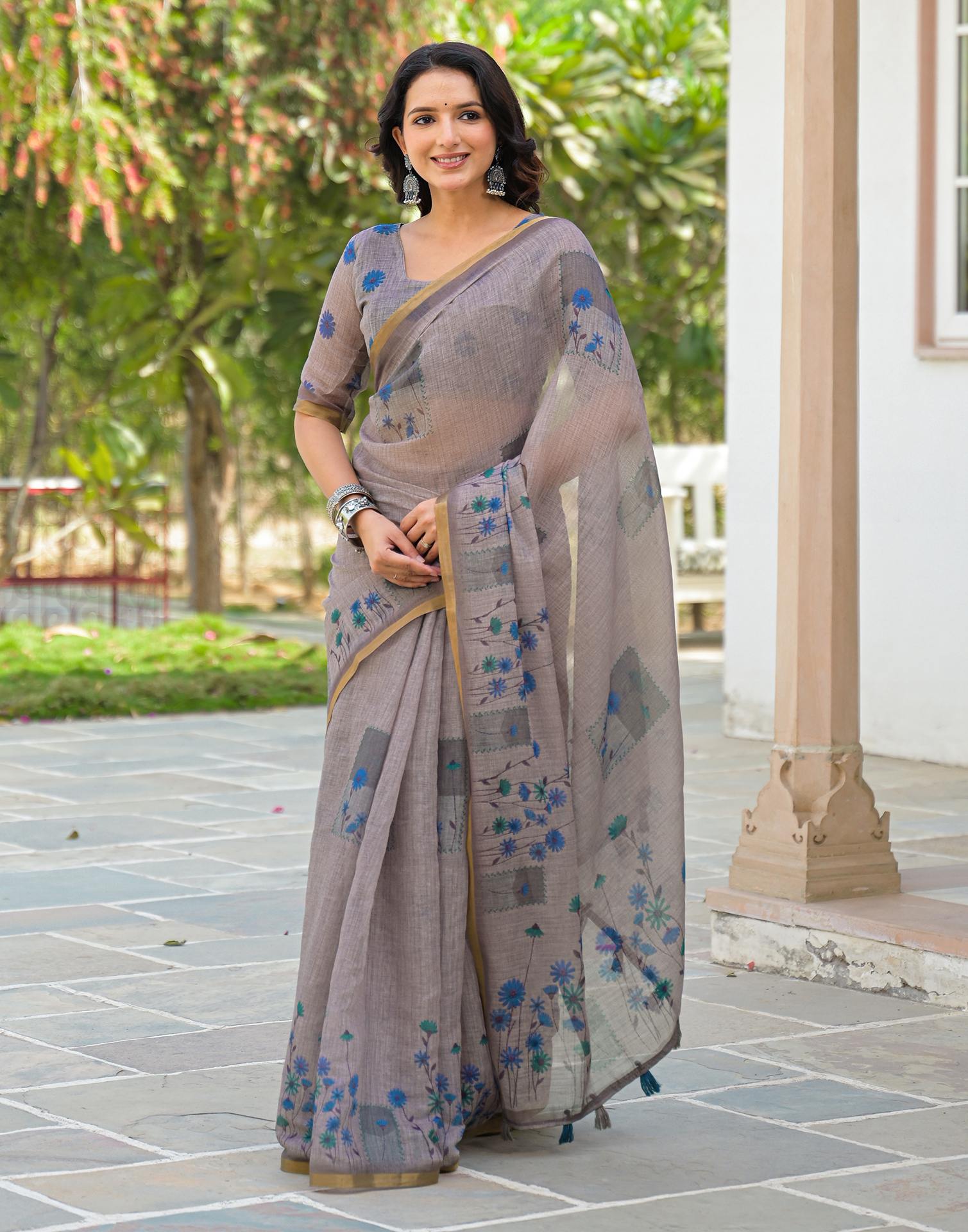 Grey Linen Floral Printed Saree