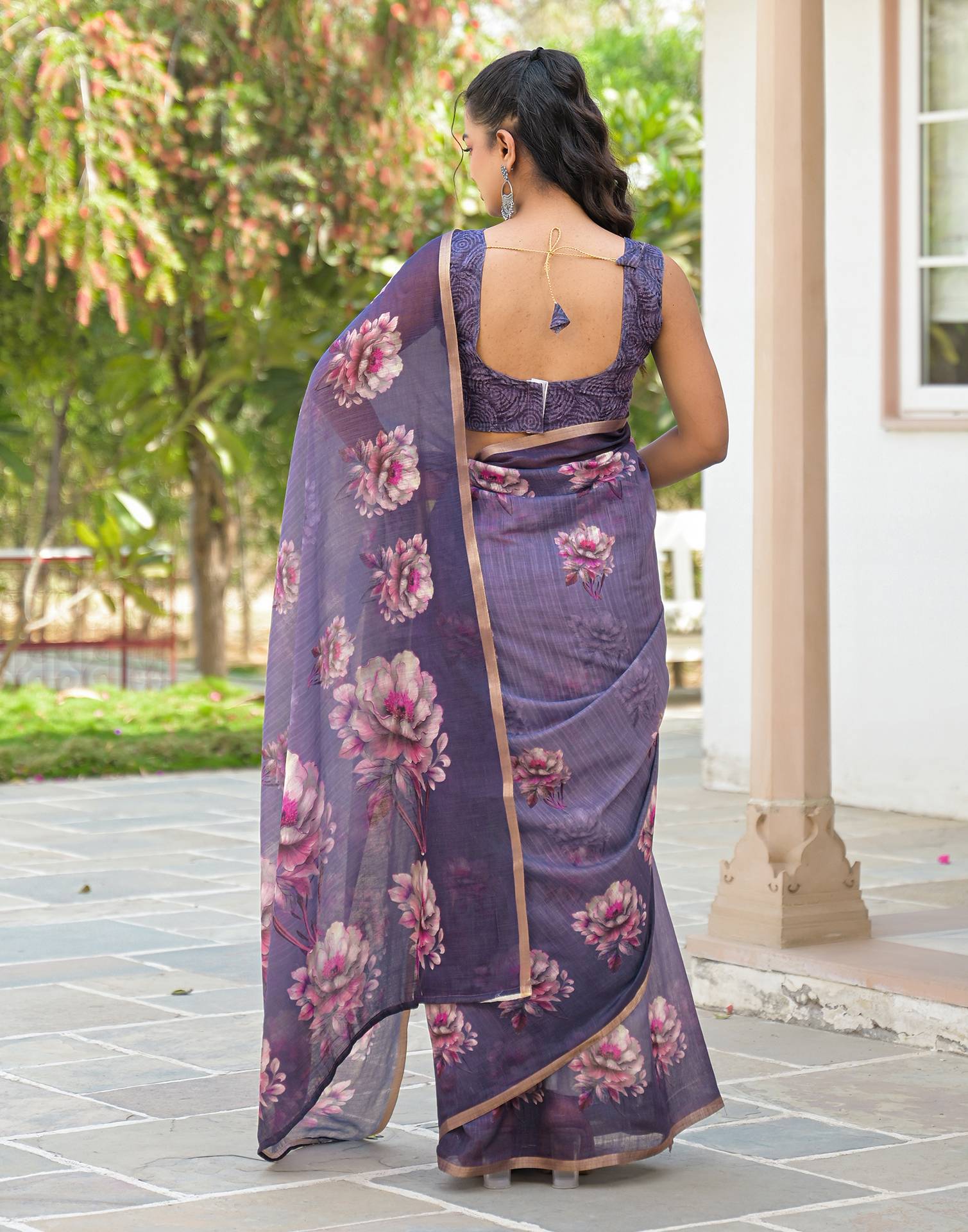 Dusty Purple Linen Floral Printed Saree