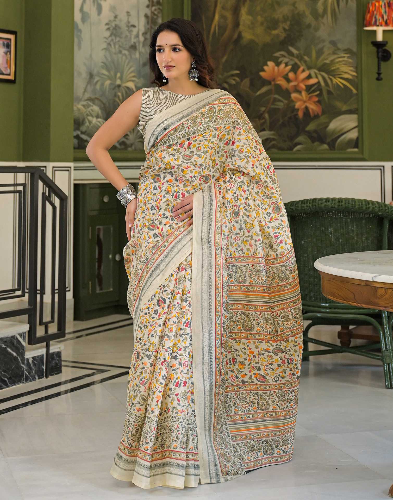 Beige Khadi Printed Saree