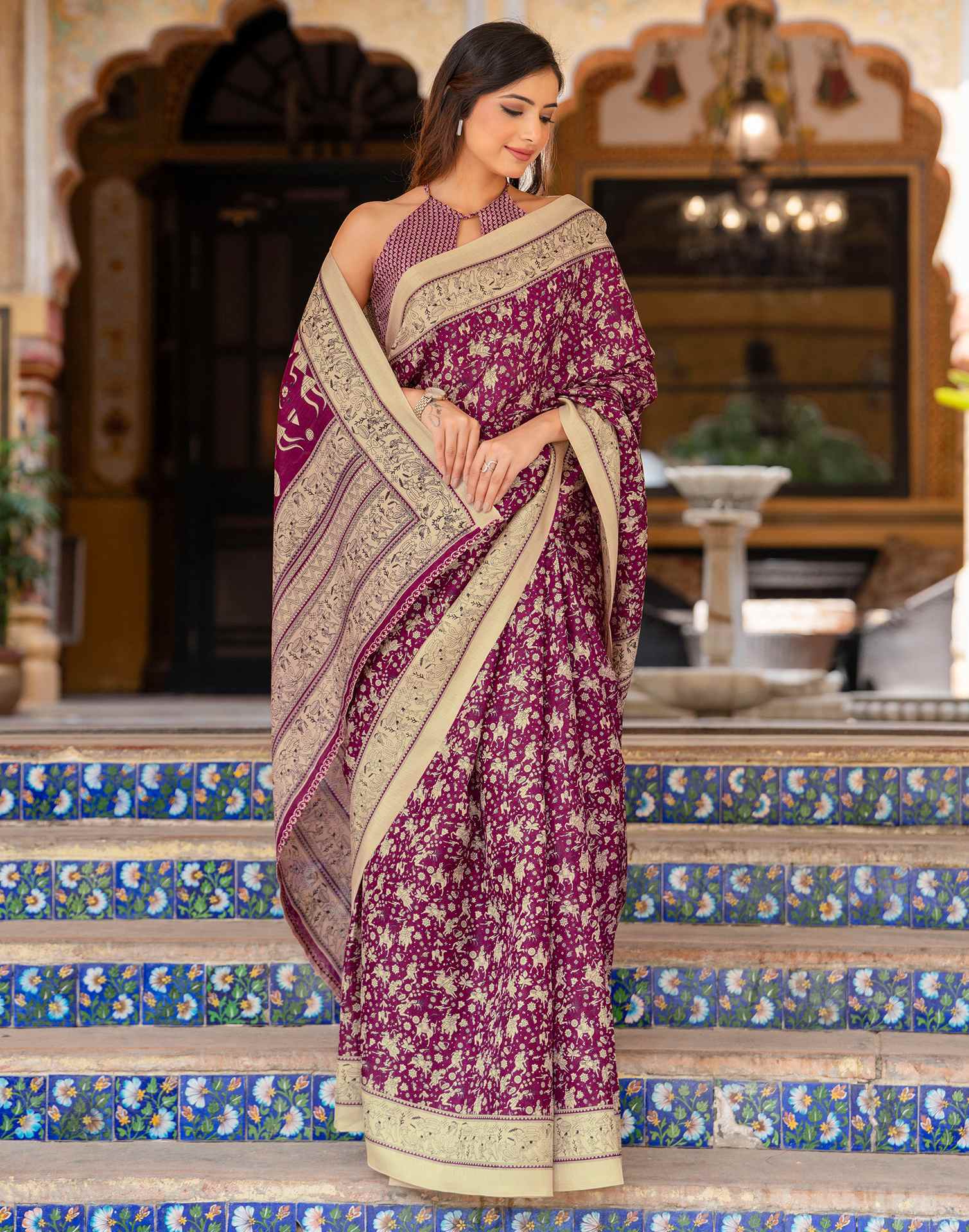 Dark Magenta Khadi Warli Printed Saree