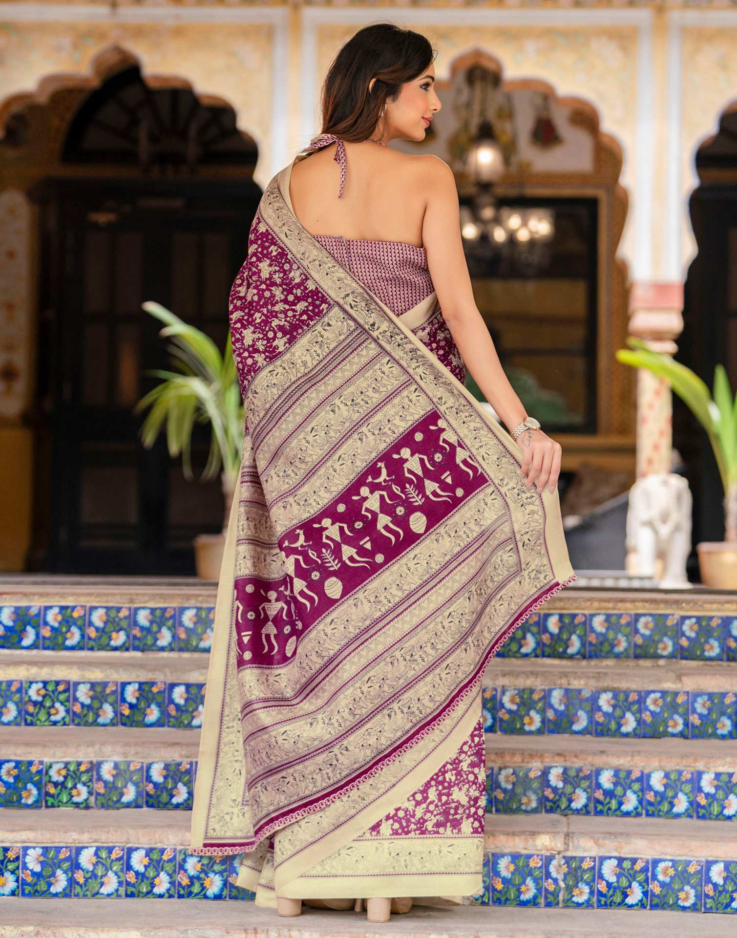 Dark Magenta Khadi Warli Printed Saree