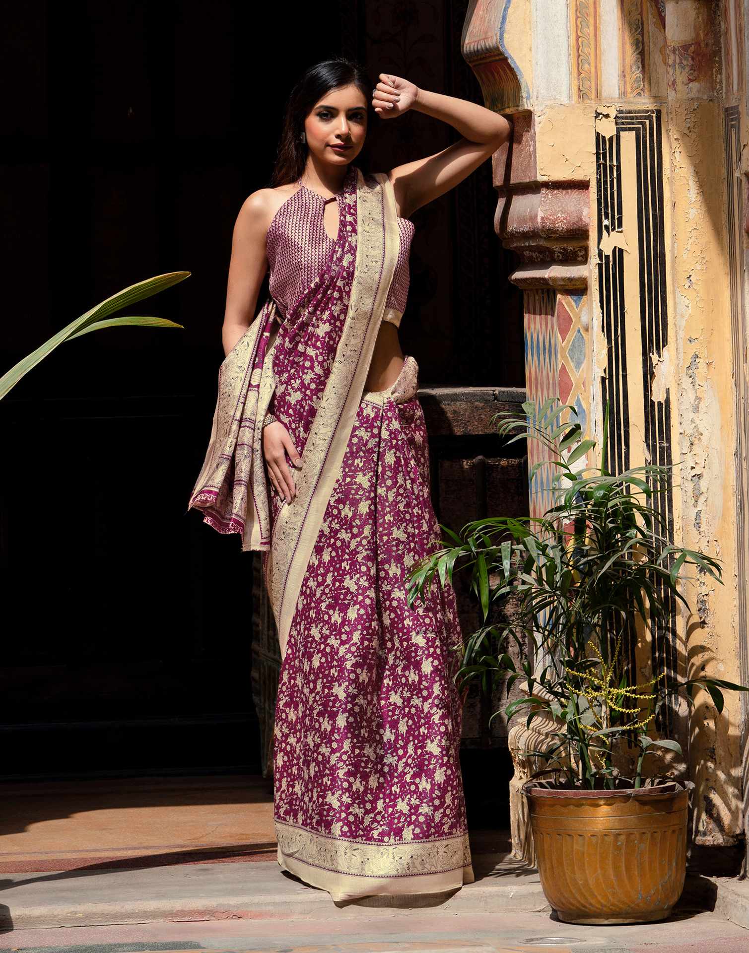 Dark Magenta Khadi Warli Printed Saree