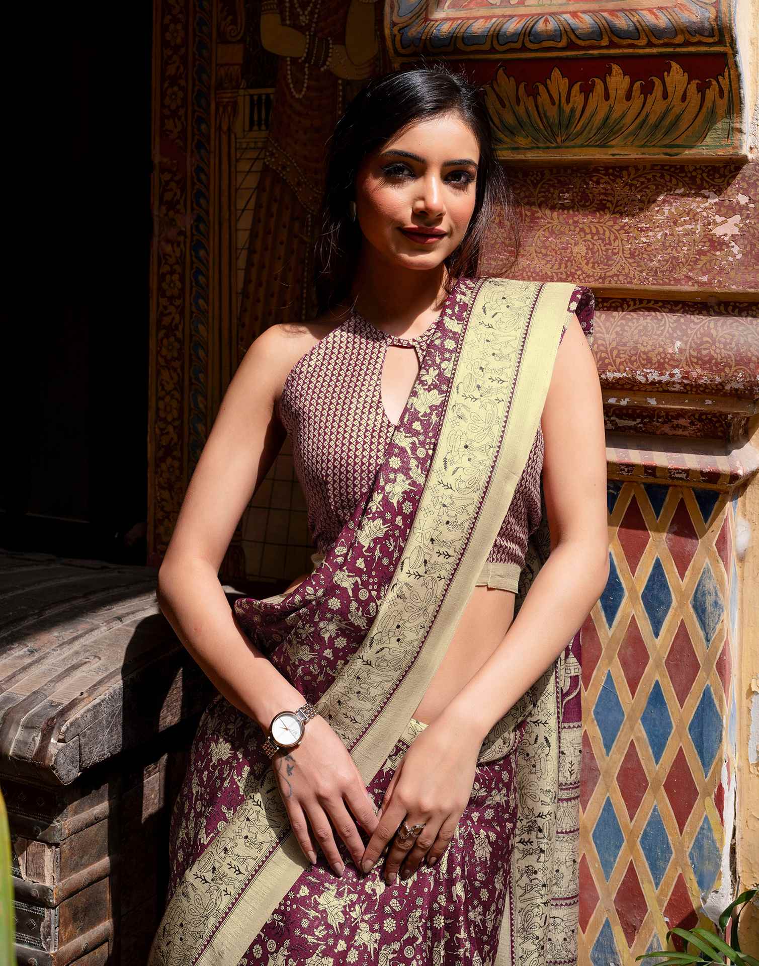 Dark Magenta Khadi Warli Printed Saree