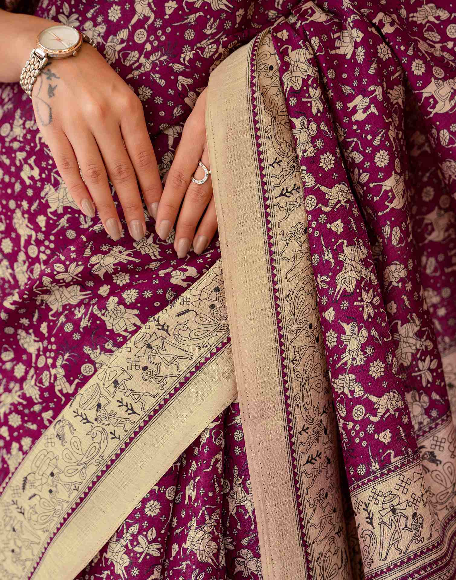 Dark Magenta Khadi Warli Printed Saree