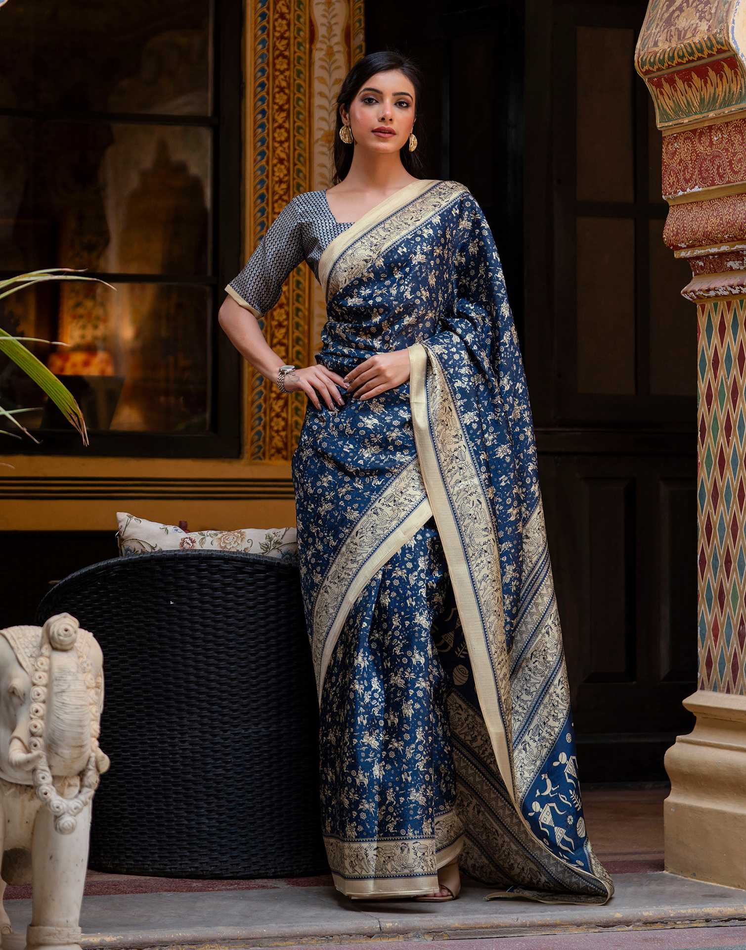 Navy Blue Khadi Warli Printed Saree