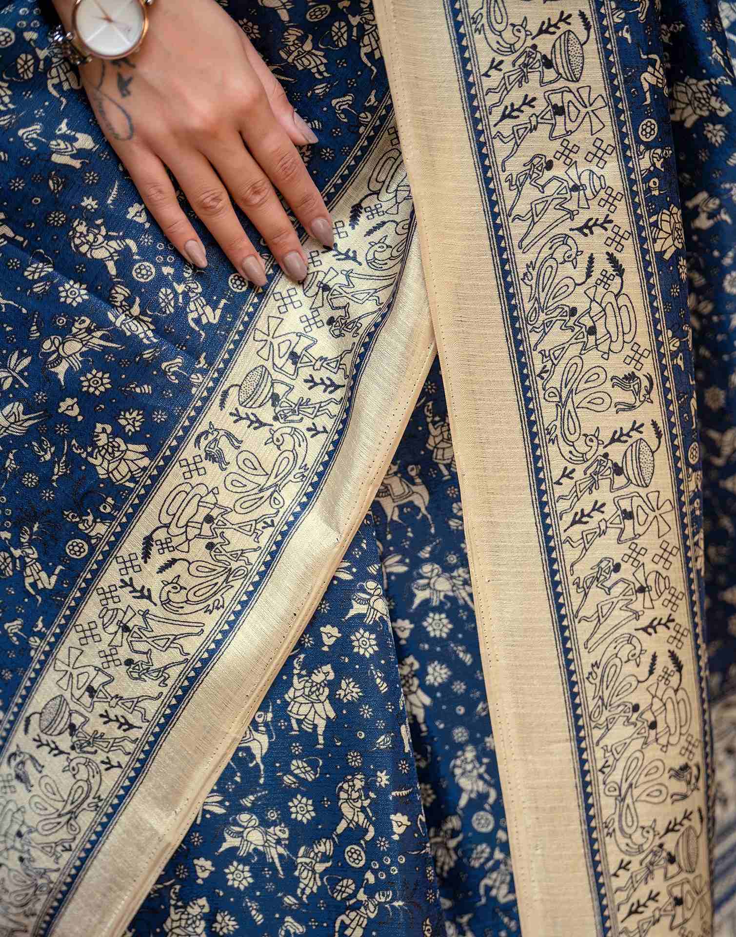 Navy Blue Khadi Warli Printed Saree